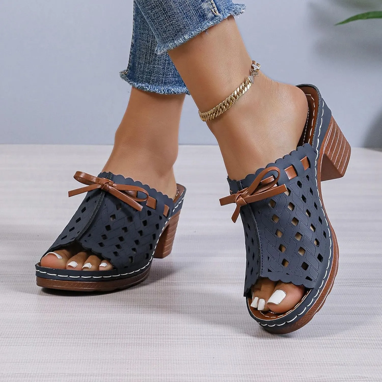 Low Chunky Heels for Women Open Toe Slip On Wide Width Hollow Summer Dressy Orthopedic Comfortable Fishmouth Sandals Wedges Slippers Wedge 2025 Flat Flower Casual Mules Shoes Wedding Elegant