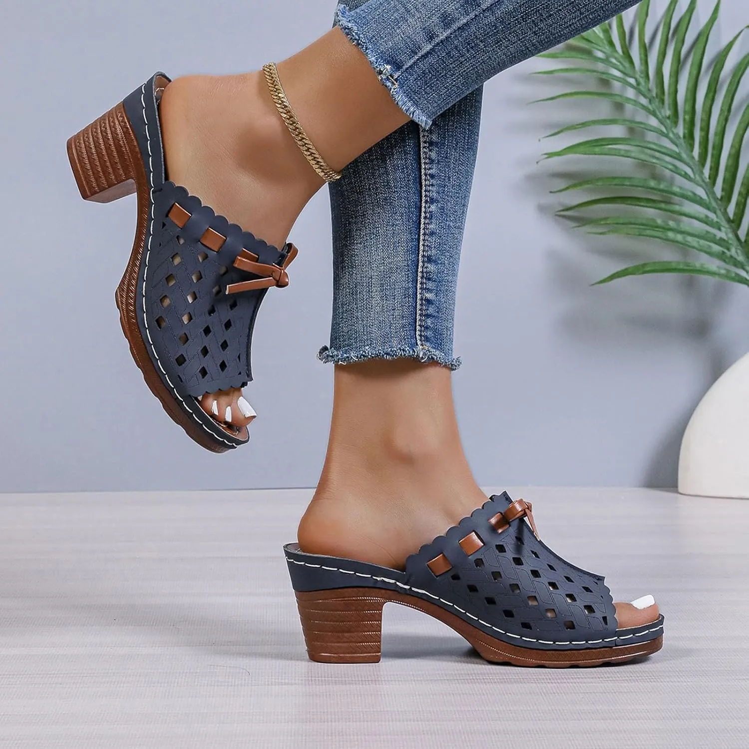 Low Chunky Heels for Women Open Toe Slip On Wide Width Hollow Summer Dressy Orthopedic Comfortable Fishmouth Sandals Wedges Slippers Wedge 2025 Flat Flower Casual Mules Shoes Wedding Elegant