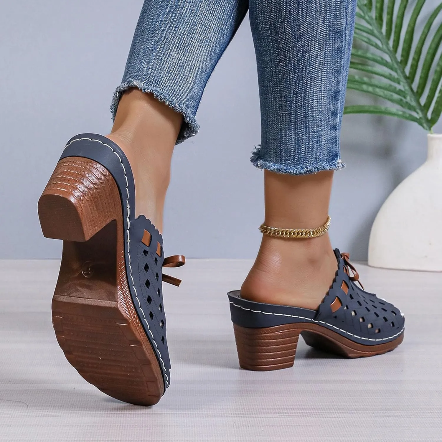 Low Chunky Heels for Women Open Toe Slip On Wide Width Hollow Summer Dressy Orthopedic Comfortable Fishmouth Sandals Wedges Slippers Wedge 2025 Flat Flower Casual Mules Shoes Wedding Elegant