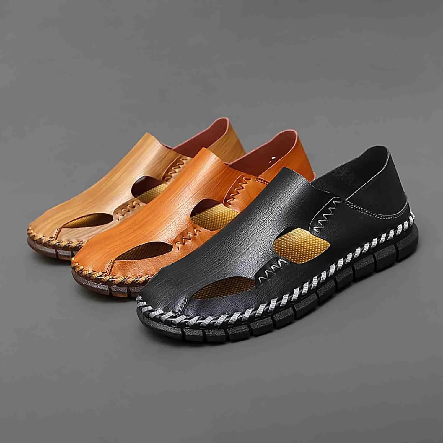 MEBAMY Men Leather Sandals Breathable Closed-Toe Summer Beach Classic Hiking Shoes