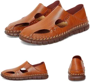 MEBAMY Men Leather Sandals Breathable Closed-Toe Summer Beach Classic Hiking Shoes