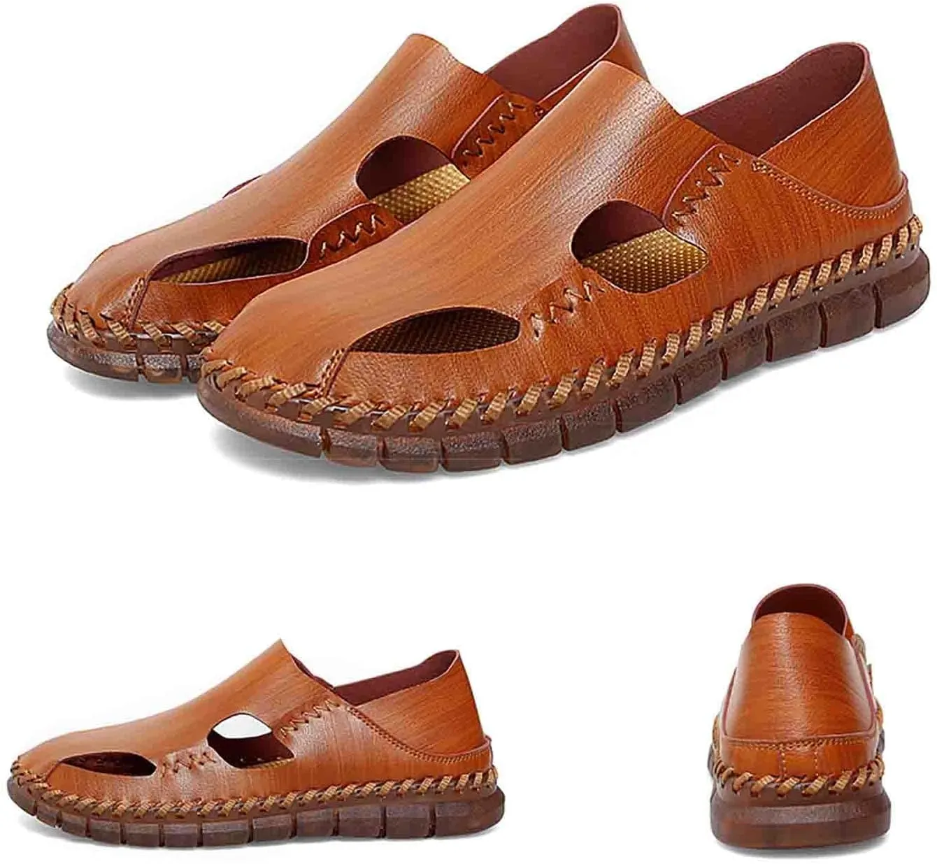 MEBAMY Men Leather Sandals Breathable Closed-Toe Summer Beach Classic Hiking Shoes
