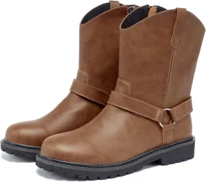 Men's Classic Retro Anti Slip Side Zippered Motorcycle Leather Boots, Black Waterproof Low Heeled Riding Boots, Wide Calf Cowboy Boots, Hiking Hunting Boots