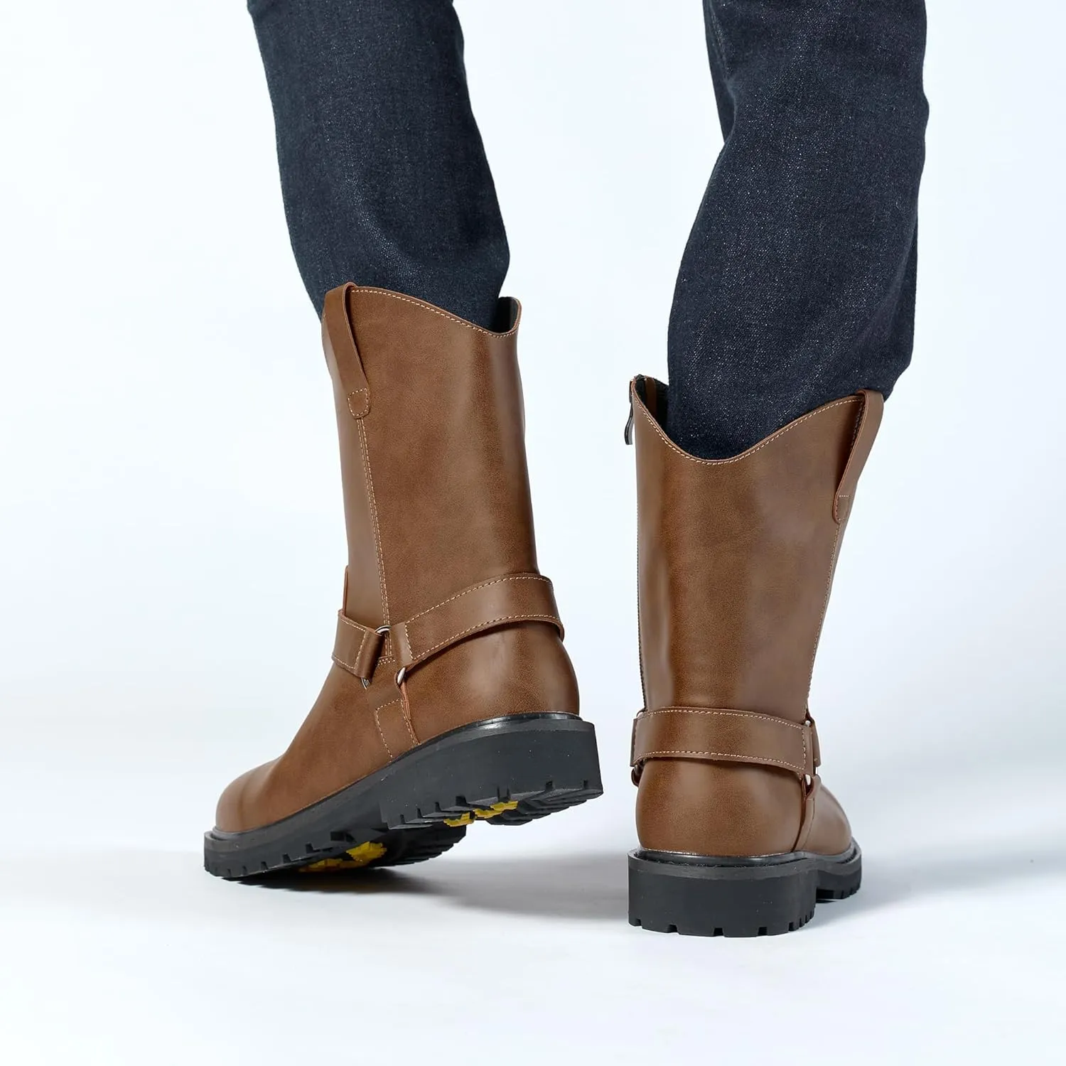Men's Classic Retro Anti Slip Side Zippered Motorcycle Leather Boots, Black Waterproof Low Heeled Riding Boots, Wide Calf Cowboy Boots, Hiking Hunting Boots