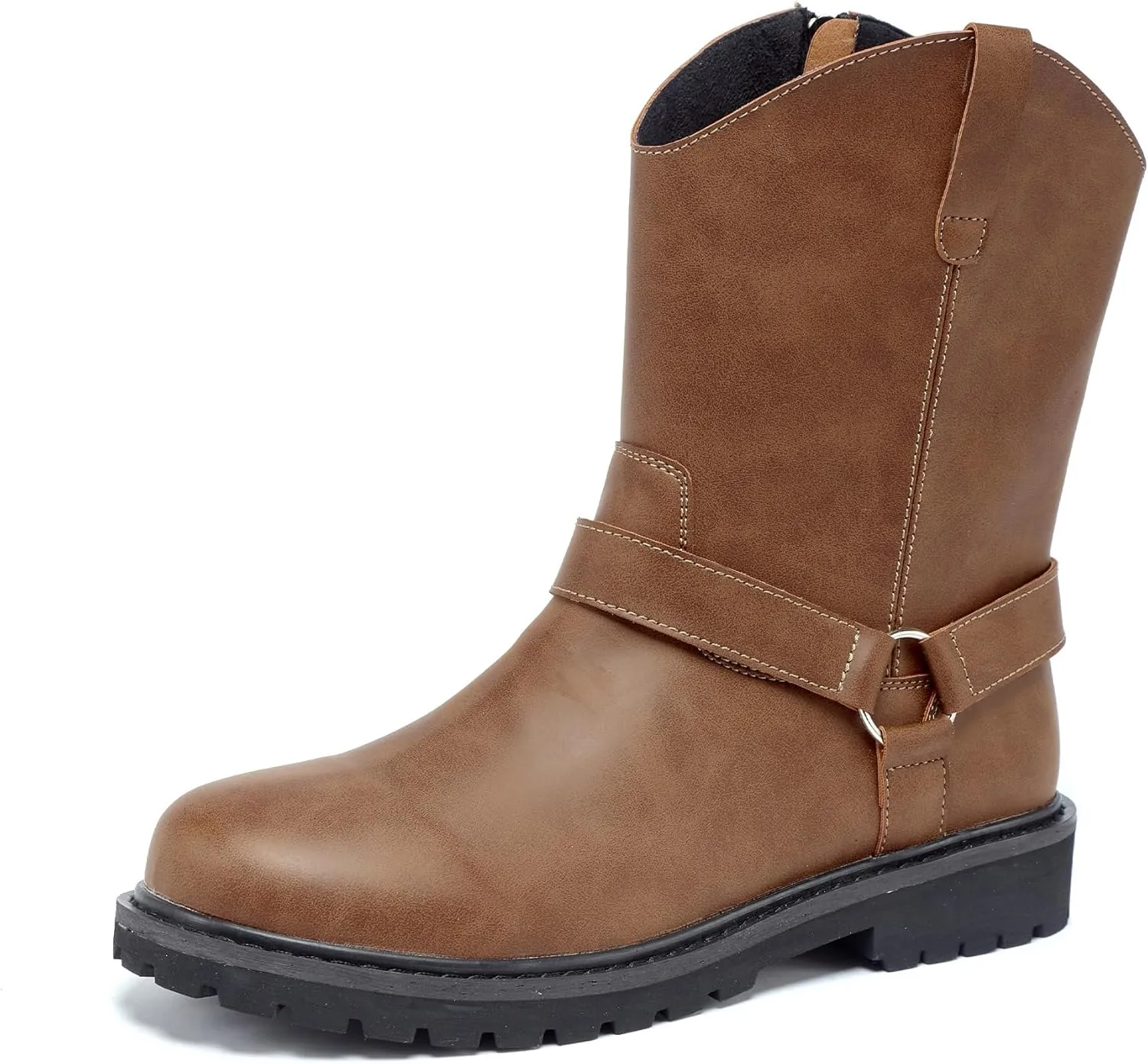 Men's Classic Retro Anti Slip Side Zippered Motorcycle Leather Boots, Black Waterproof Low Heeled Riding Boots, Wide Calf Cowboy Boots, Hiking Hunting Boots
