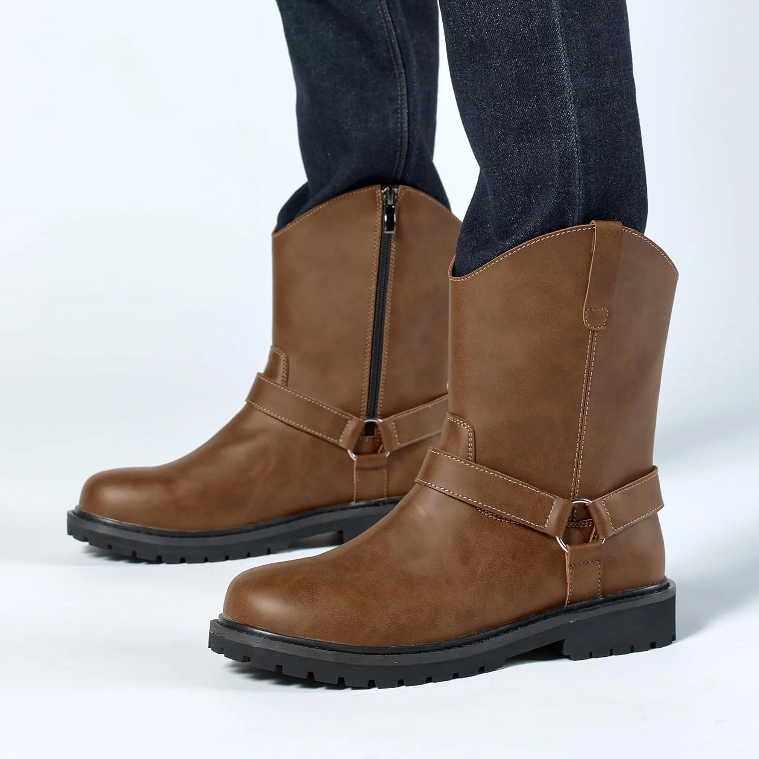 Men's Classic Retro Anti Slip Side Zippered Motorcycle Leather Boots, Black Waterproof Low Heeled Riding Boots, Wide Calf Cowboy Boots, Hiking Hunting Boots