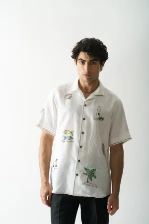 Mens Hand Embroidered Pure Linen Shirt - Beach Bliss
