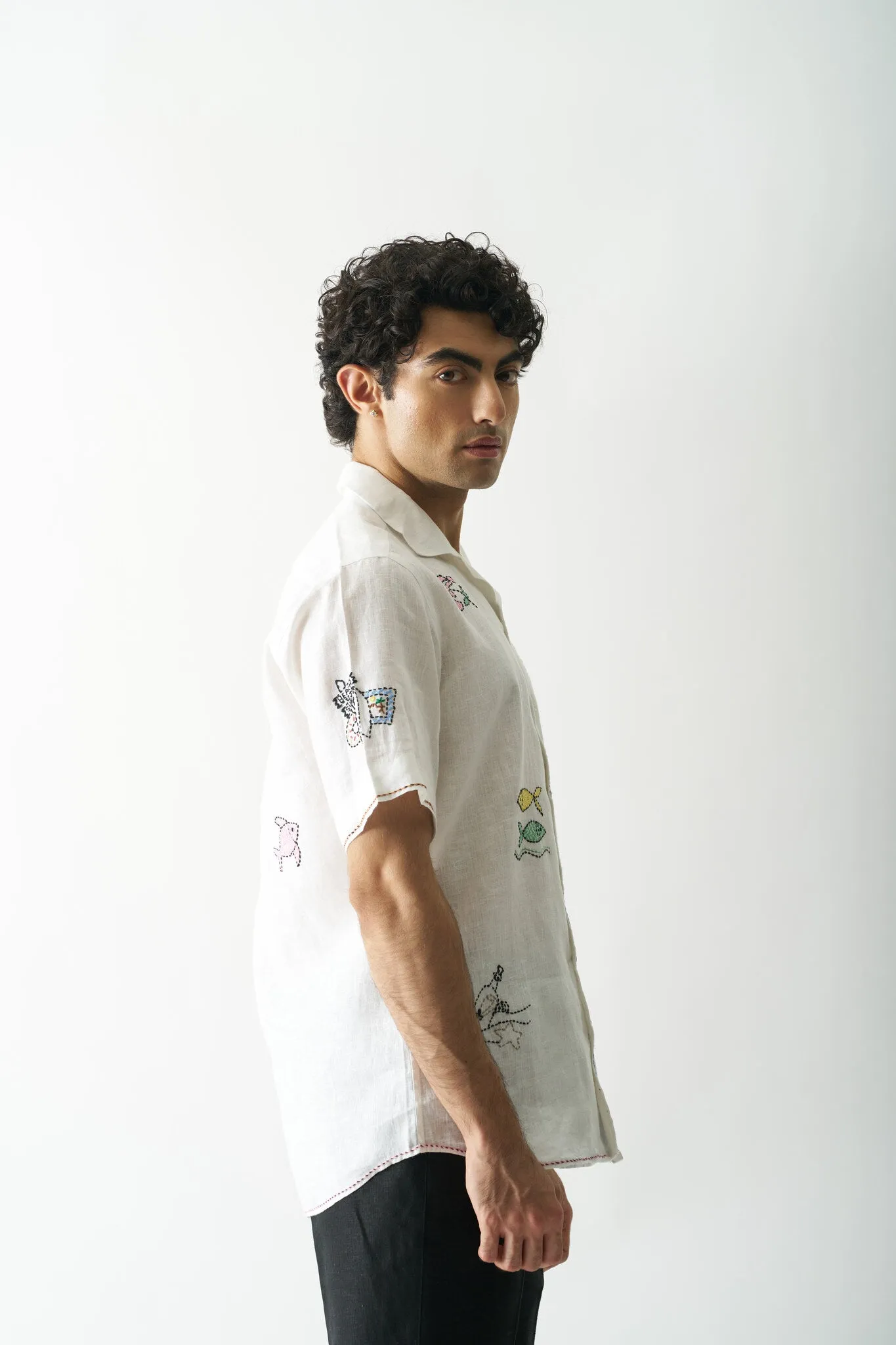 Mens Hand Embroidered Pure Linen Shirt - Beach Bliss