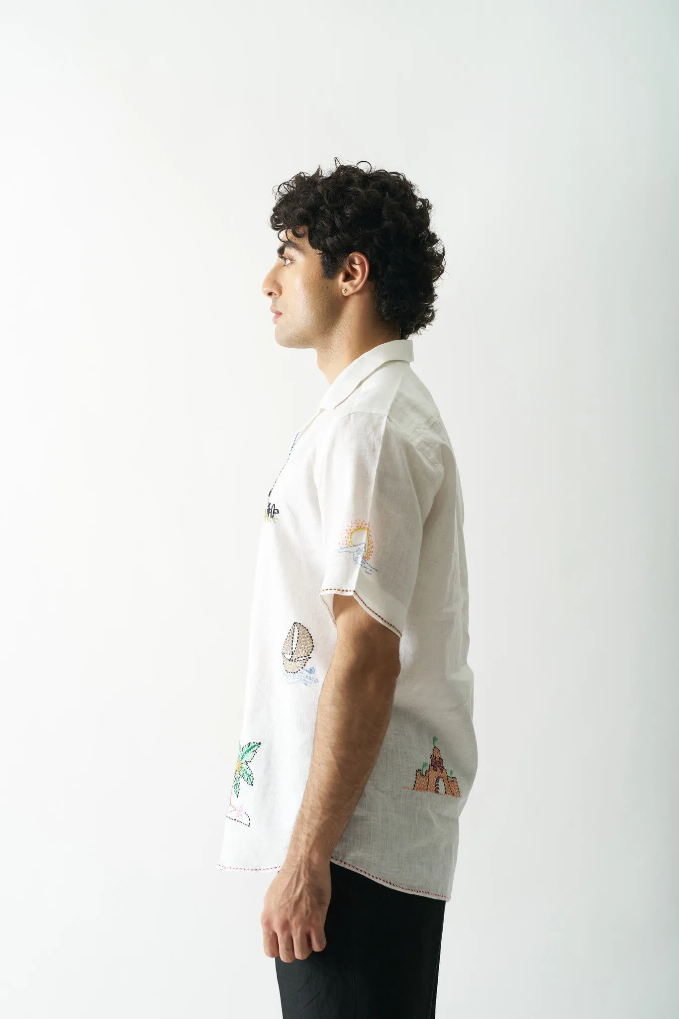Mens Hand Embroidered Pure Linen Shirt - Beach Bliss