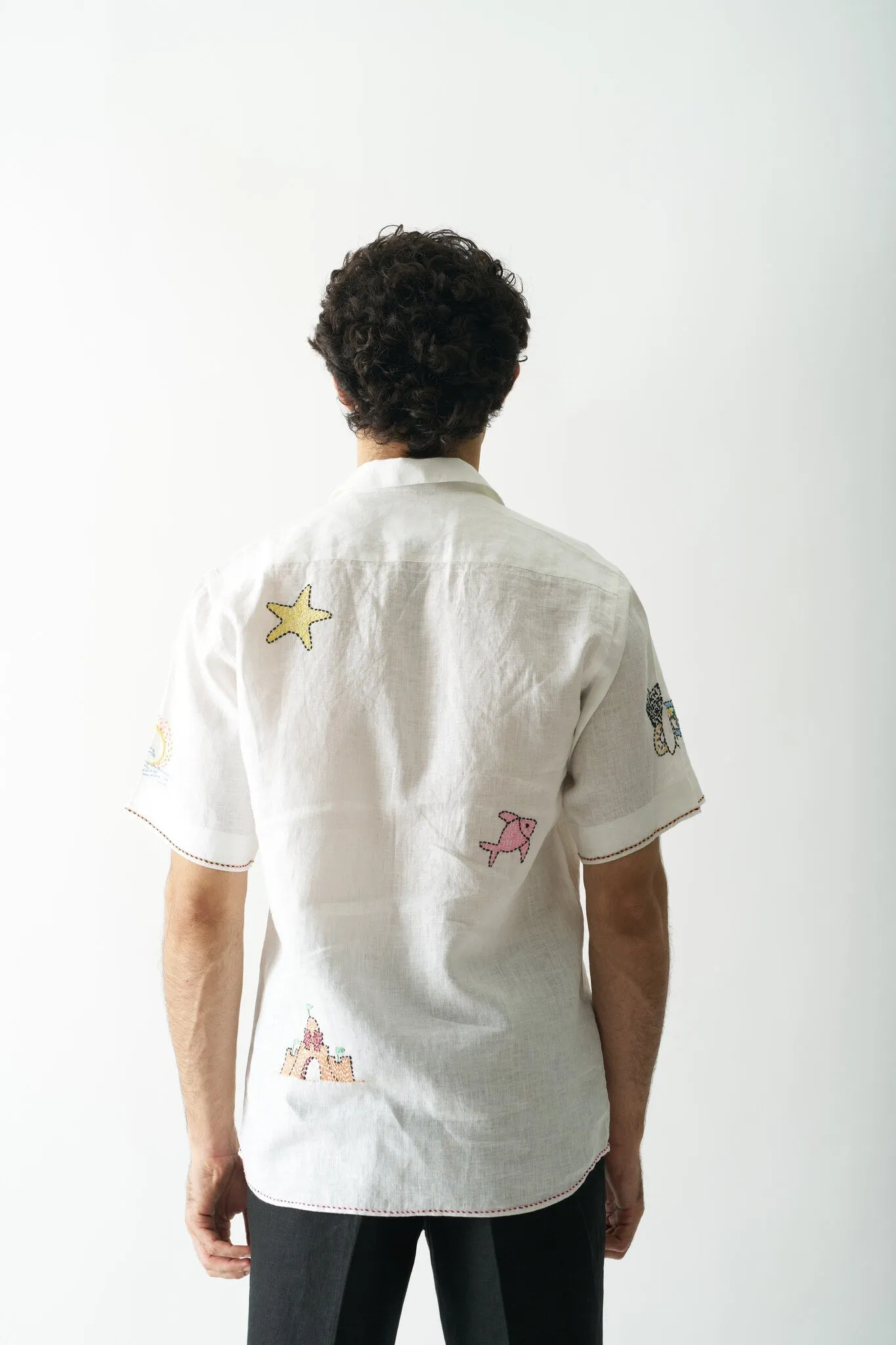 Mens Hand Embroidered Pure Linen Shirt - Beach Bliss