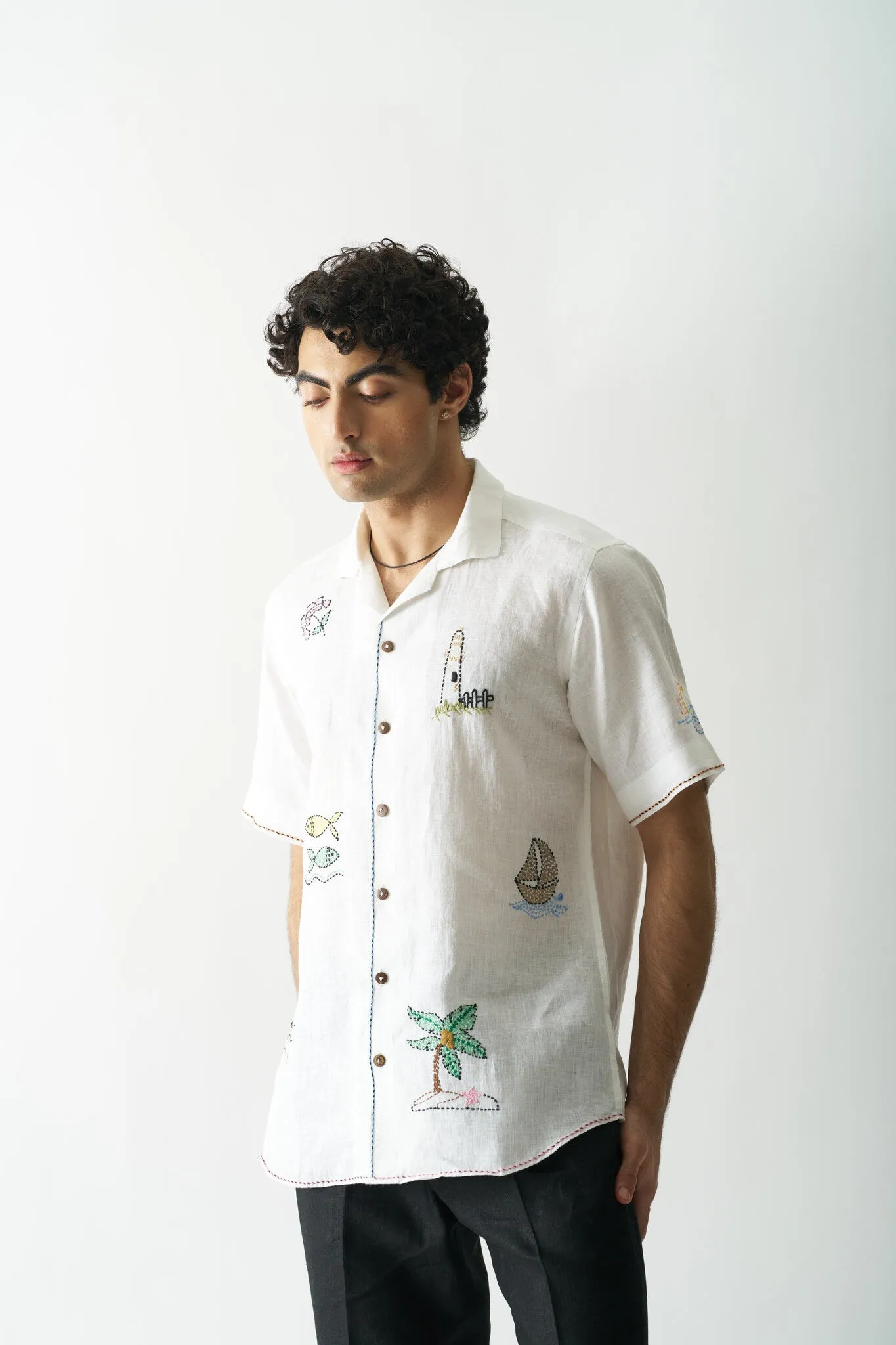 Mens Hand Embroidered Pure Linen Shirt - Beach Bliss