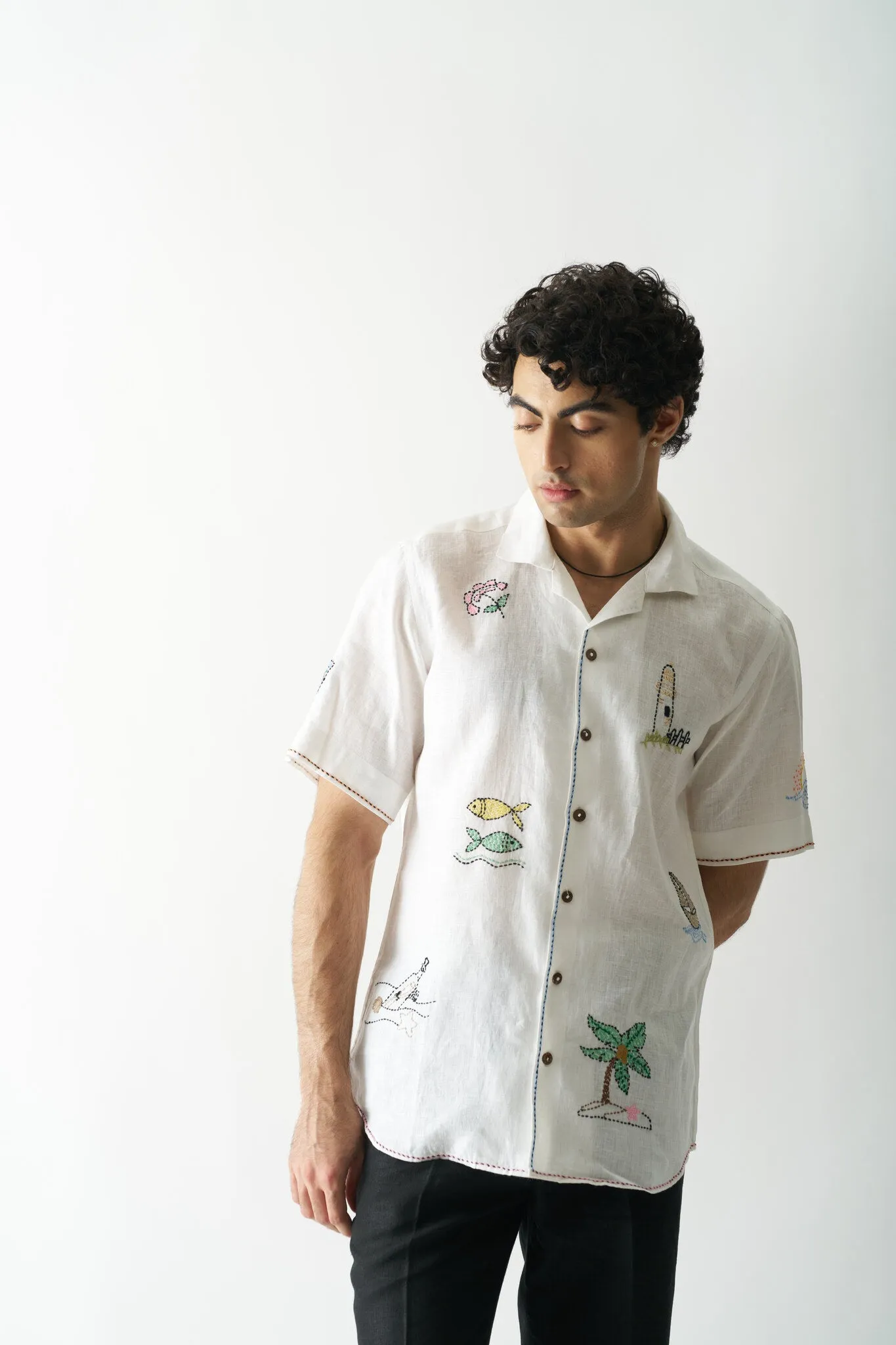Mens Hand Embroidered Pure Linen Shirt - Beach Bliss