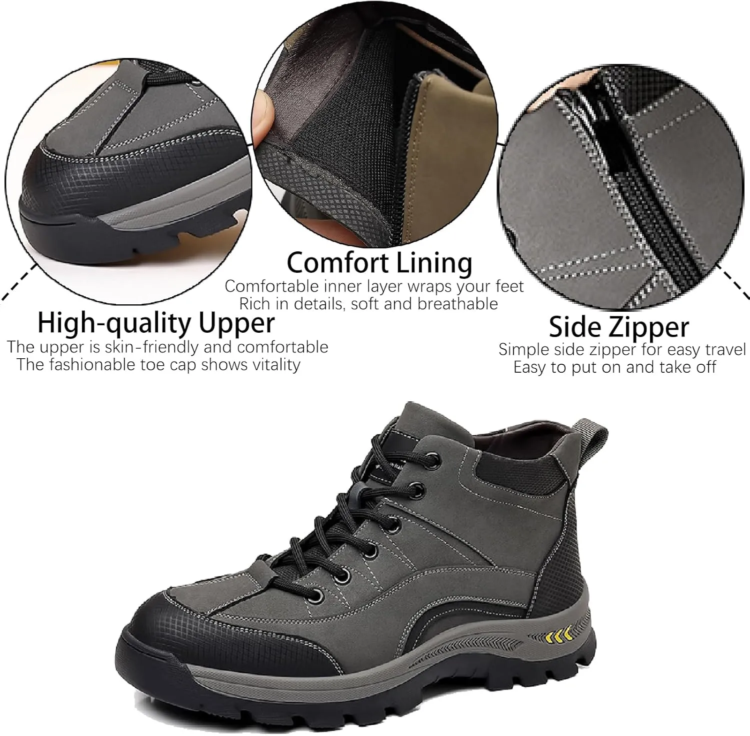 Men's Leather Waterproof Hiking Ankle Boots with Side Zipper Casual Lace Up Comfortable Arch Support Non-Slip Lug Sole Sneakers Booties Outdoor Trekking Climbing Boots