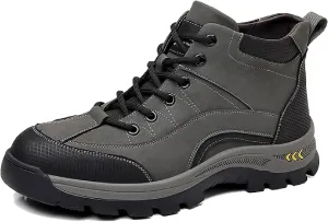 Men's Leather Waterproof Hiking Ankle Boots with Side Zipper Casual Lace Up Comfortable Arch Support Non-Slip Lug Sole Sneakers Booties Outdoor Trekking Climbing Boots