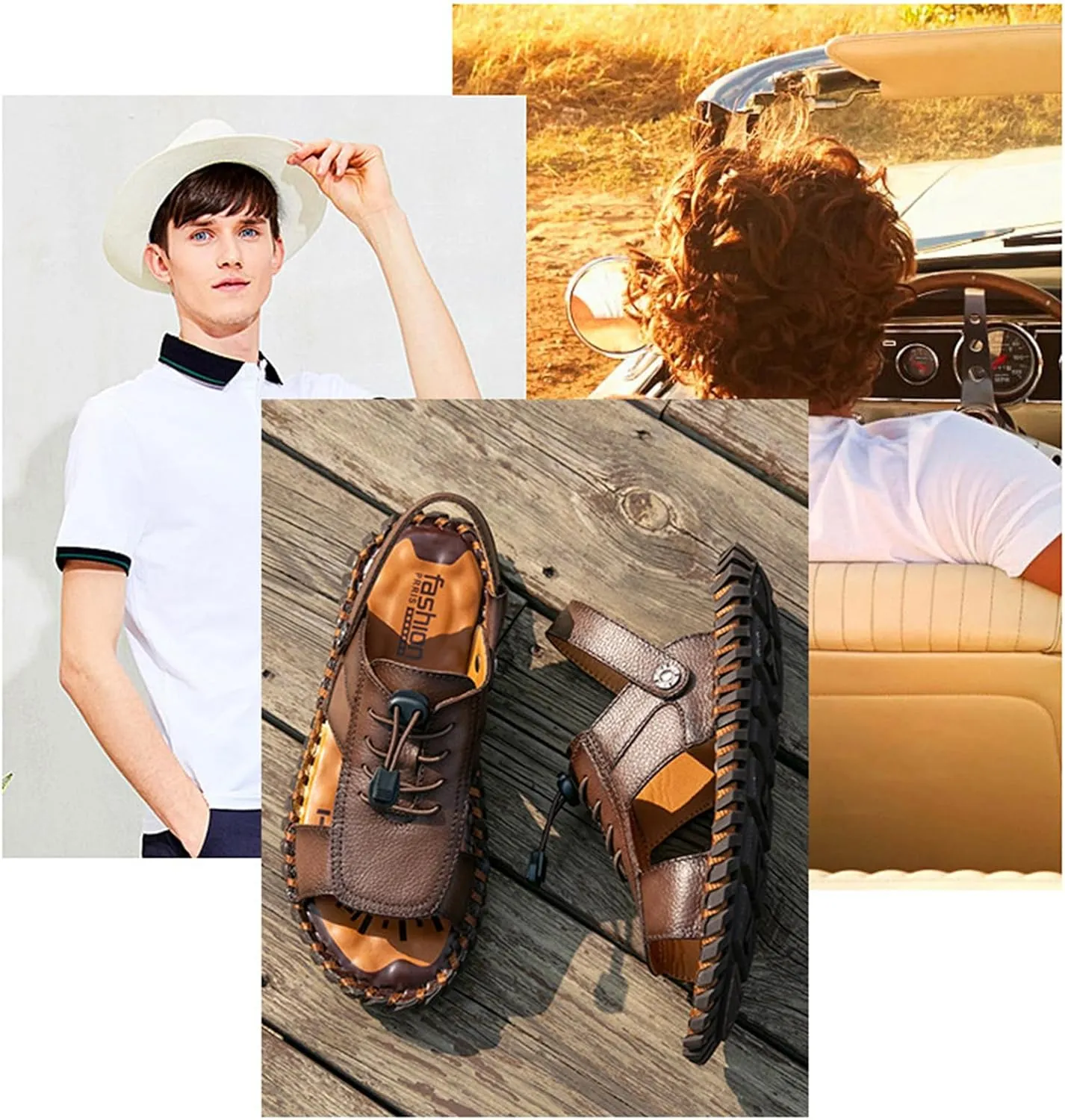 Men's Summer Leather Open Toe Fisherman Sandals, Non-Slip Beach Shoes for Outdoor Hiking