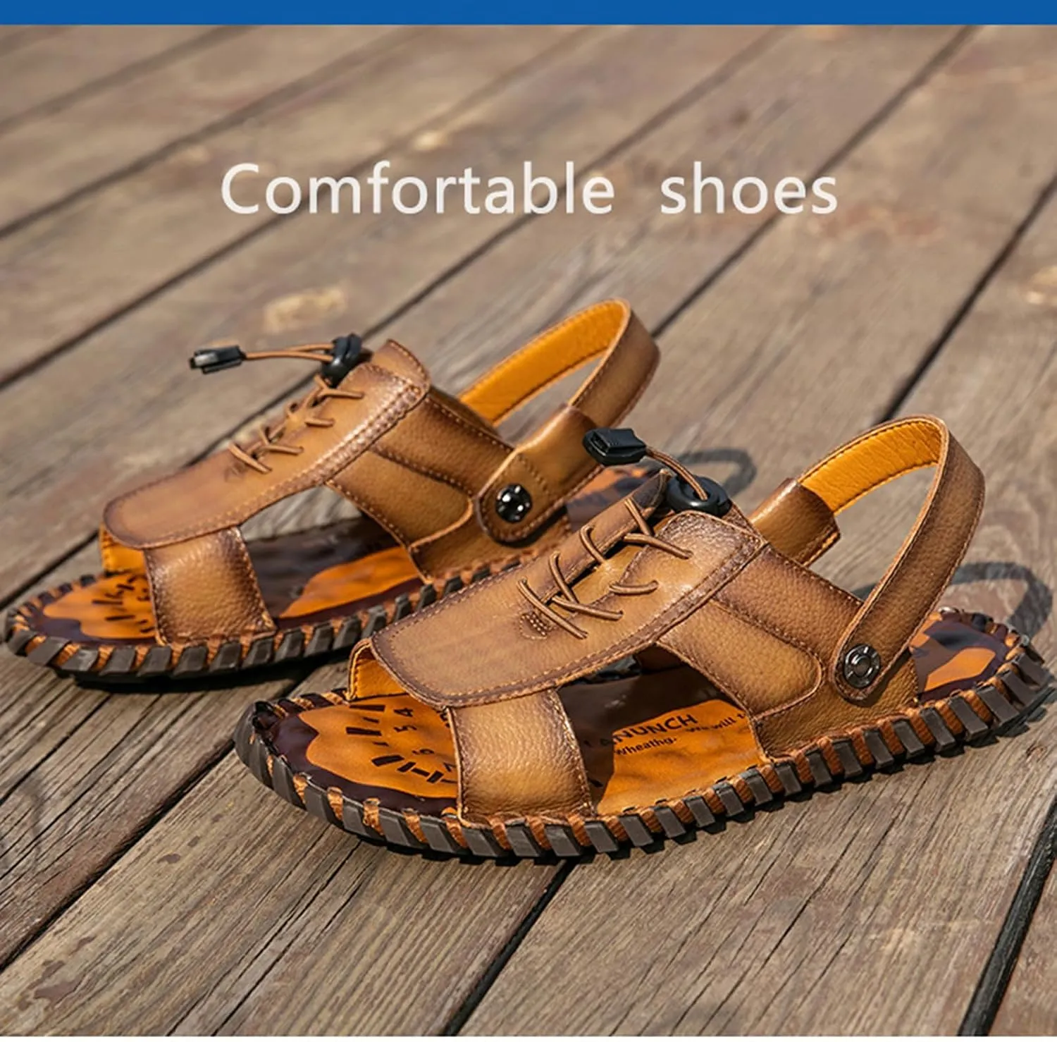 Men's Summer Leather Open Toe Fisherman Sandals, Non-Slip Beach Shoes for Outdoor Hiking