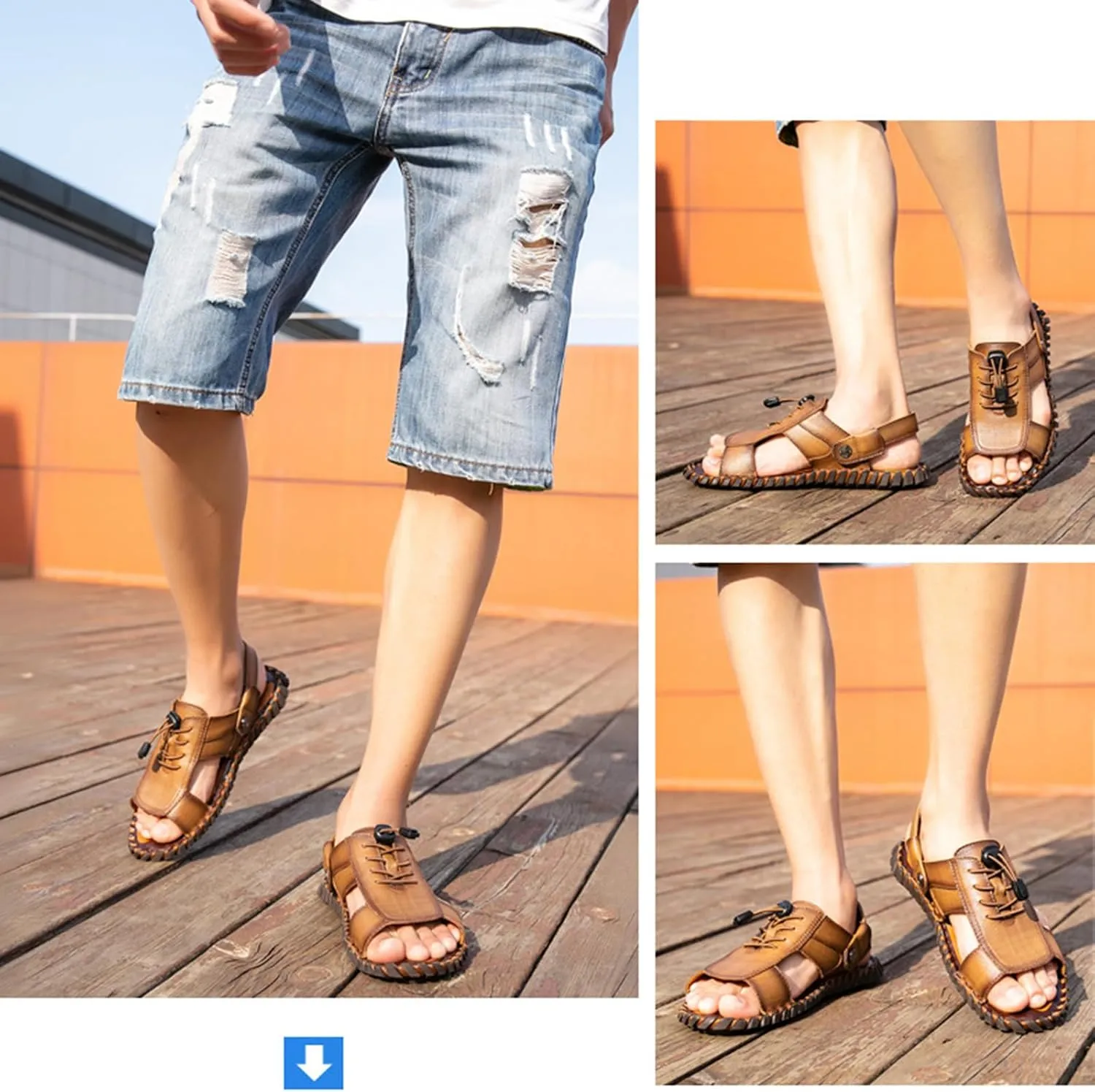 Men's Summer Leather Open Toe Fisherman Sandals, Non-Slip Beach Shoes for Outdoor Hiking