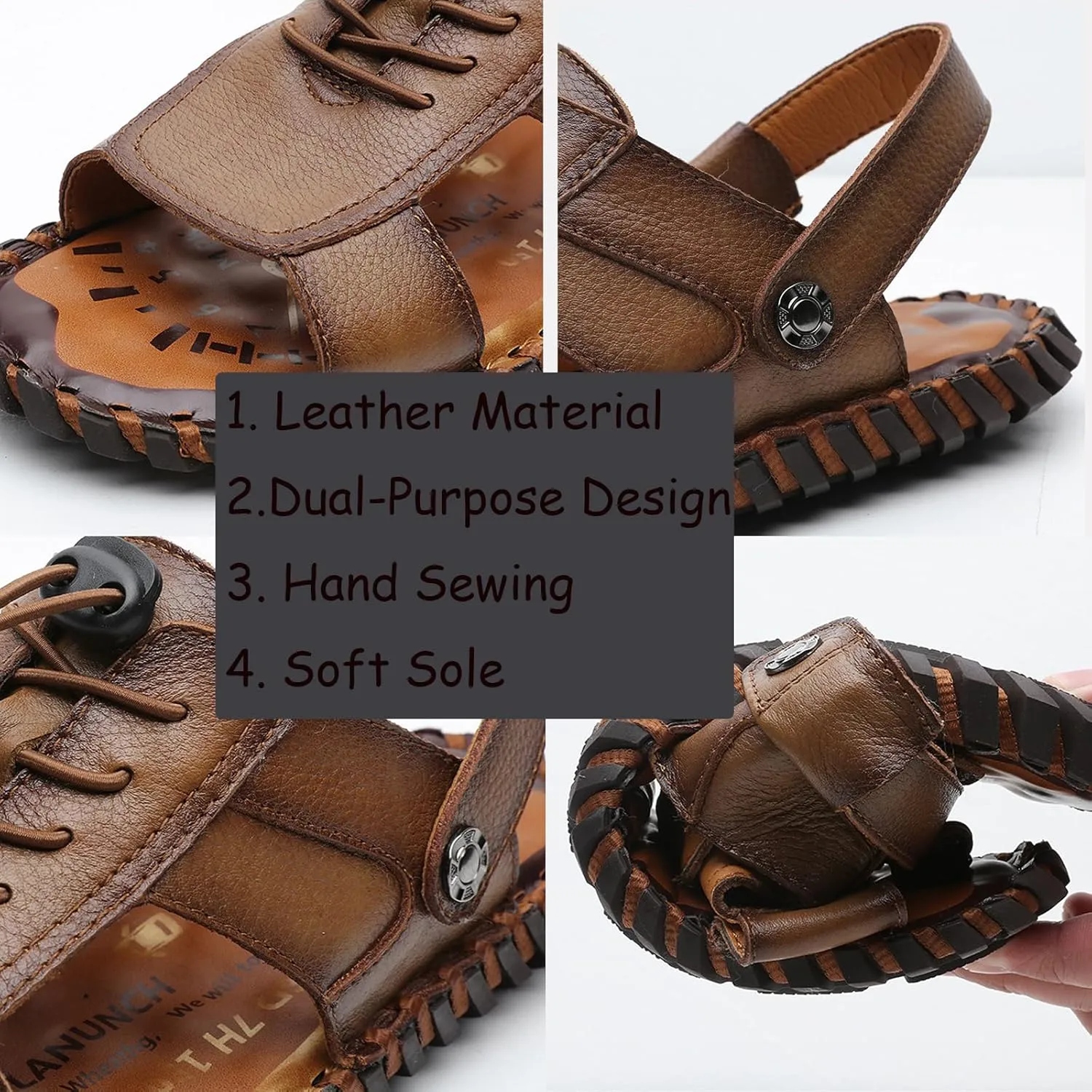 Men's Summer Leather Open Toe Fisherman Sandals, Non-Slip Beach Shoes for Outdoor Hiking