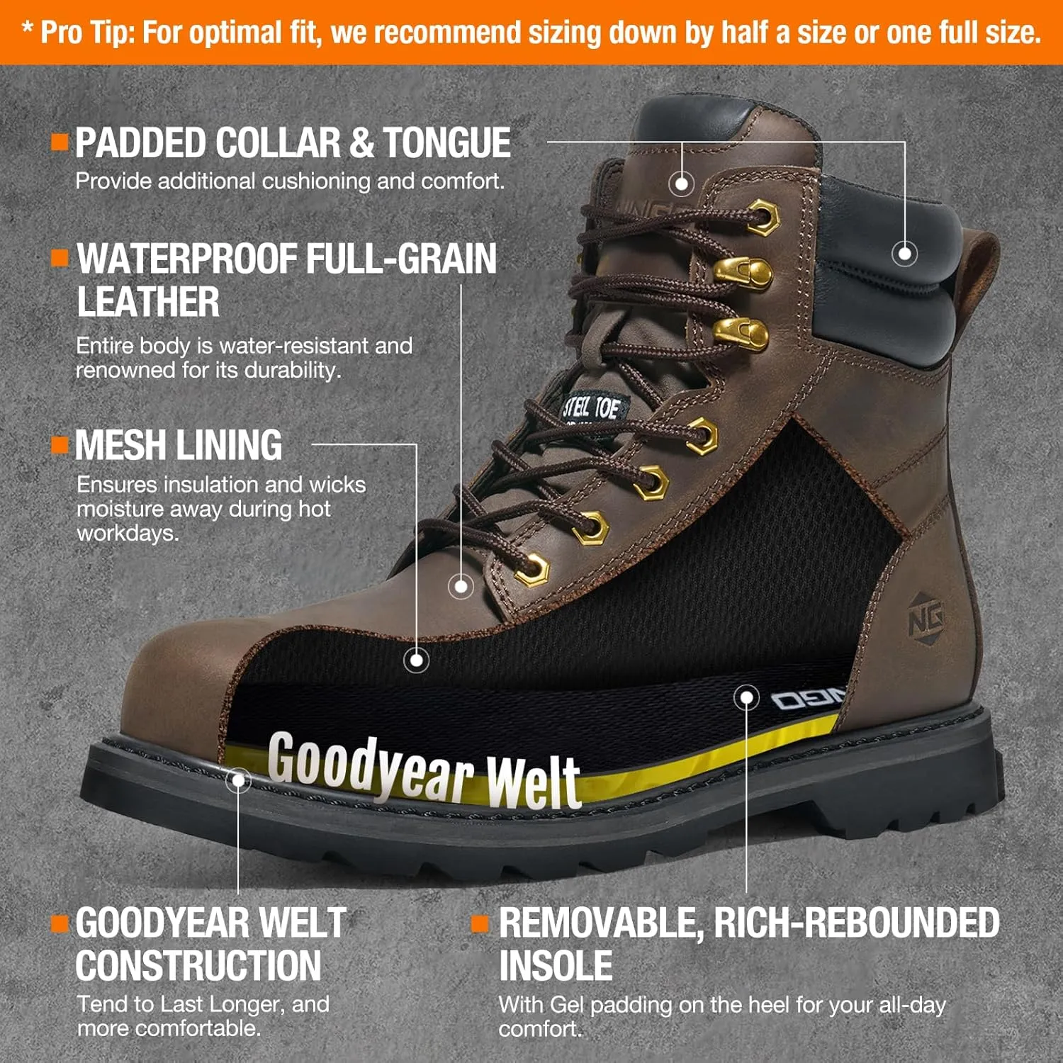 NINGO Steel Toe Work Boots for Men, Waterproof Comfortable Leather Industrial & Construction Boots, Oil & Slip Resistance Safety Shoes with EH Protection, for Outdoor Factories Warehouses Farms