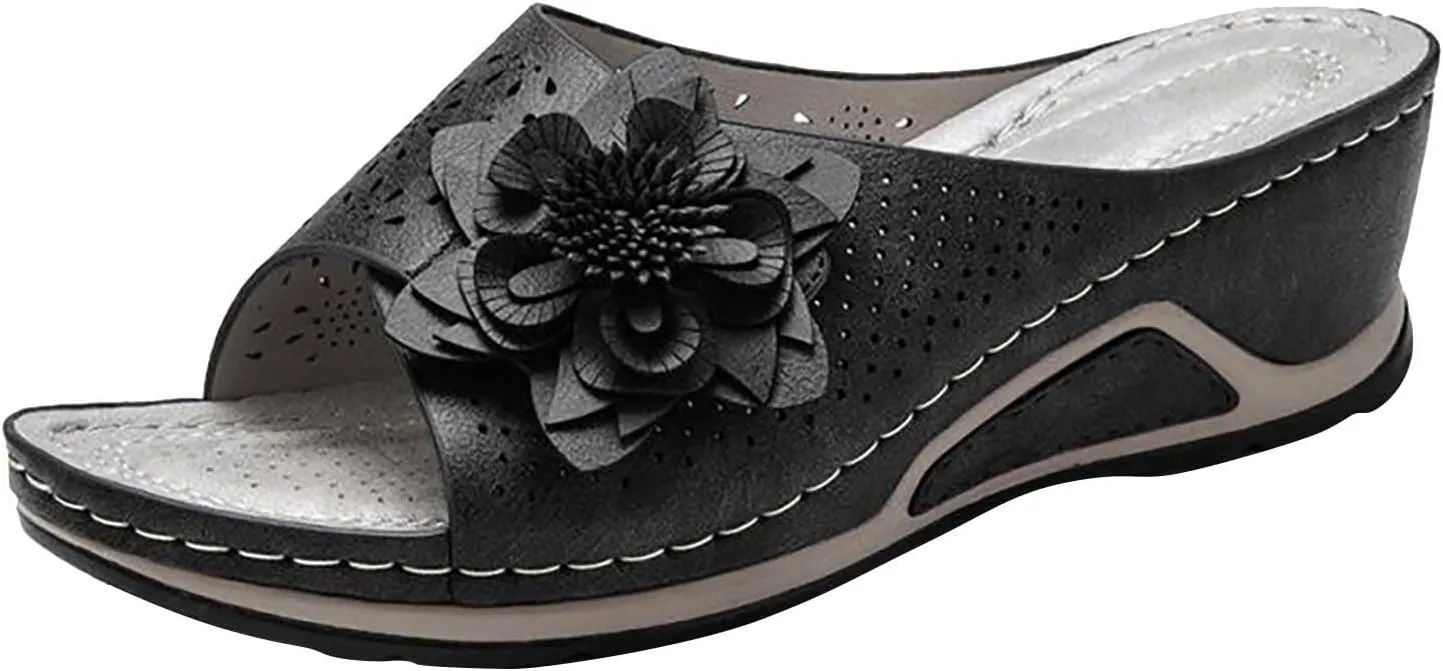 oiangi Orthopedic Sandals for Women with Arch Support,Summer Casual Flower Hollow Fish Mouth Open Toe Slip on Platform Slipper Comfy Outdoor Ladies Shoes