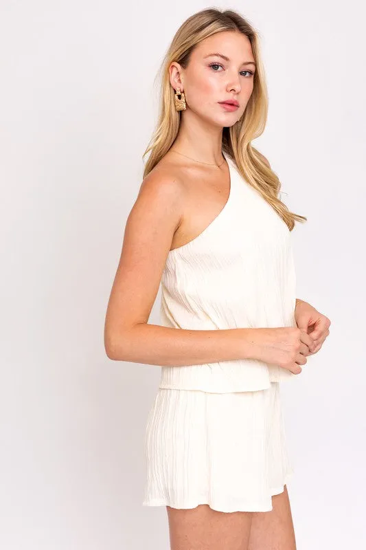 One Shoulder Layered Romper In Cream