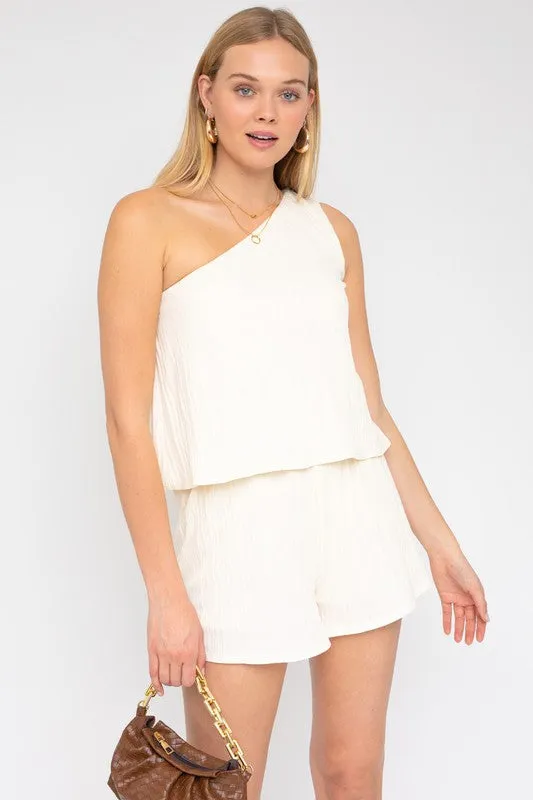 One Shoulder Layered Romper In Cream