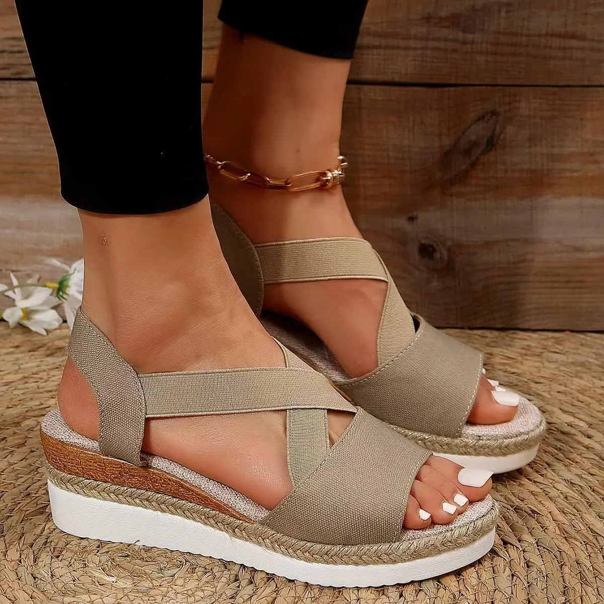 Orthopedic Platform Wedge Sandals for Women Summer Dressy Espadrilles Sandals, Open Toe Cross Ankle Strap Platform Wedges Beach Outdoor Comfortable Walking Shoes