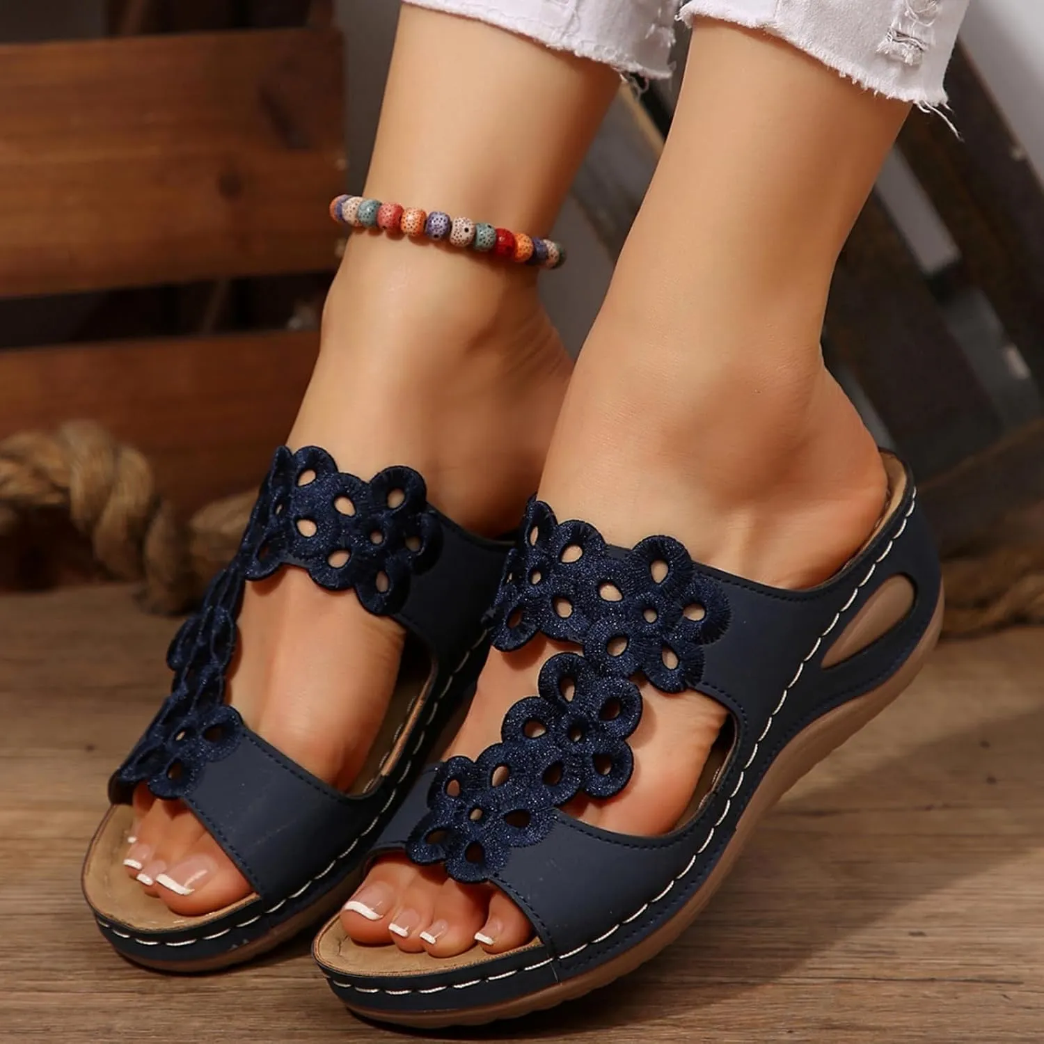 Orthopedic Sandals for Women Slip On Walking Slippers with Arch Support Cushion Platform Dressy Summer Wide Width Flat Wedge Casual Gladiator Faux Leather Open Toe Spring Fall Flip Flops