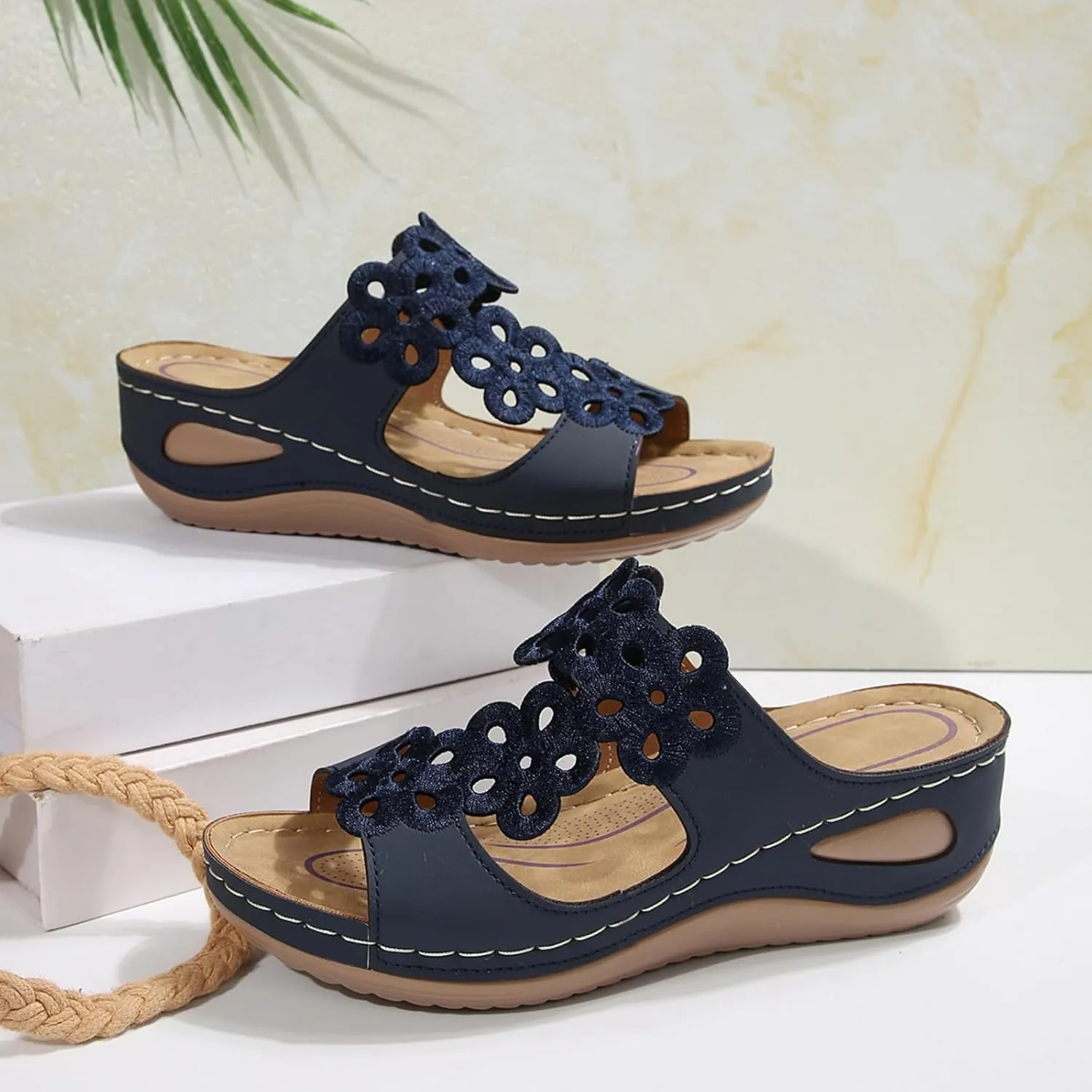 Orthopedic Sandals for Women Slip On Walking Slippers with Arch Support Cushion Platform Dressy Summer Wide Width Flat Wedge Casual Gladiator Faux Leather Open Toe Spring Fall Flip Flops