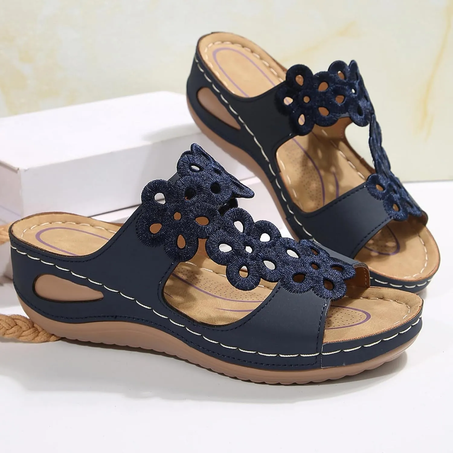Orthopedic Sandals for Women Slip On Walking Slippers with Arch Support Cushion Platform Dressy Summer Wide Width Flat Wedge Casual Gladiator Faux Leather Open Toe Spring Fall Flip Flops