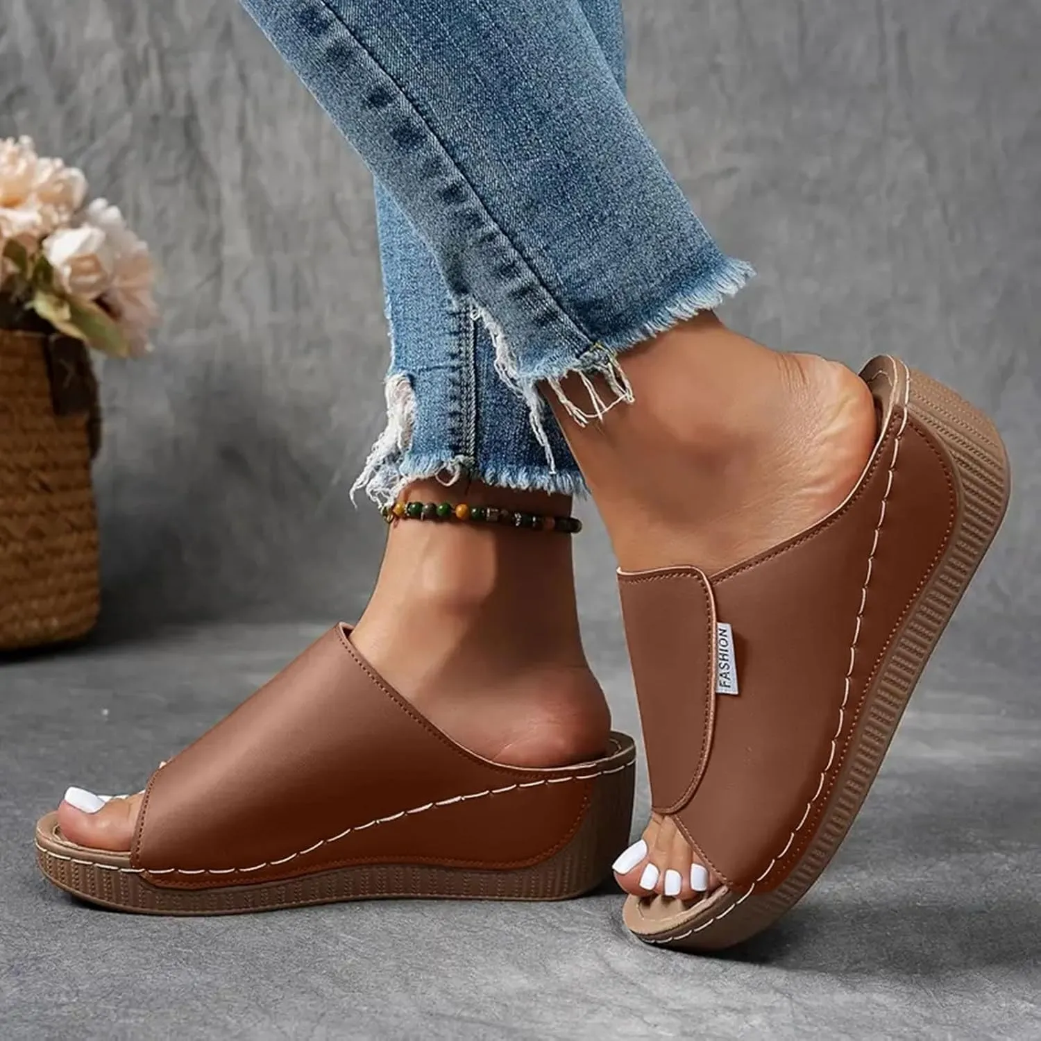 Orthopedic Sandals for Women Wide Width, Womens Slide Sandals with Arch Support Dressy Summer Comfortable Platform Wedges Slip On Walking Sandal Open Toe Casual Slippers