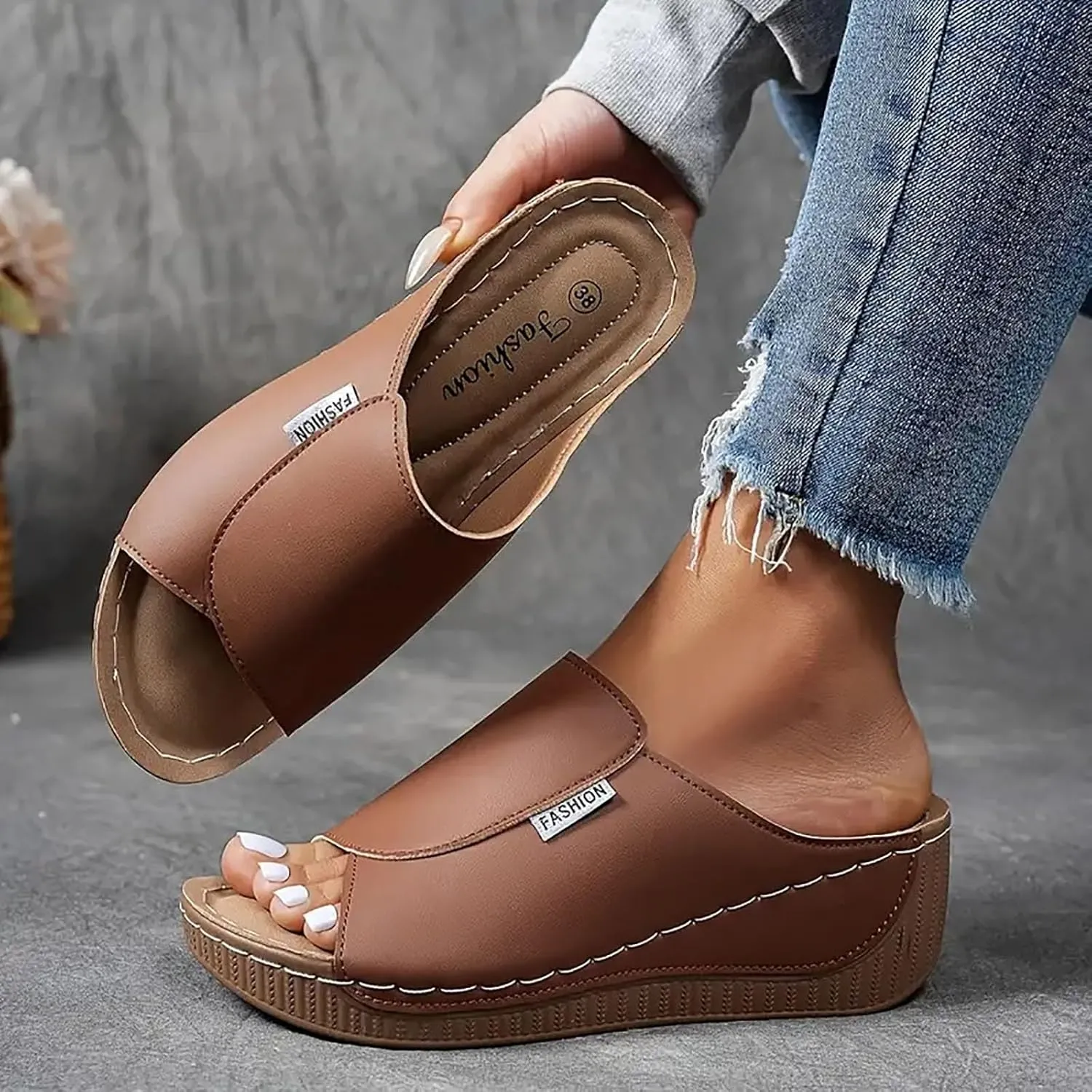 Orthopedic Sandals for Women Wide Width, Womens Slide Sandals with Arch Support Dressy Summer Comfortable Platform Wedges Slip On Walking Sandal Open Toe Casual Slippers