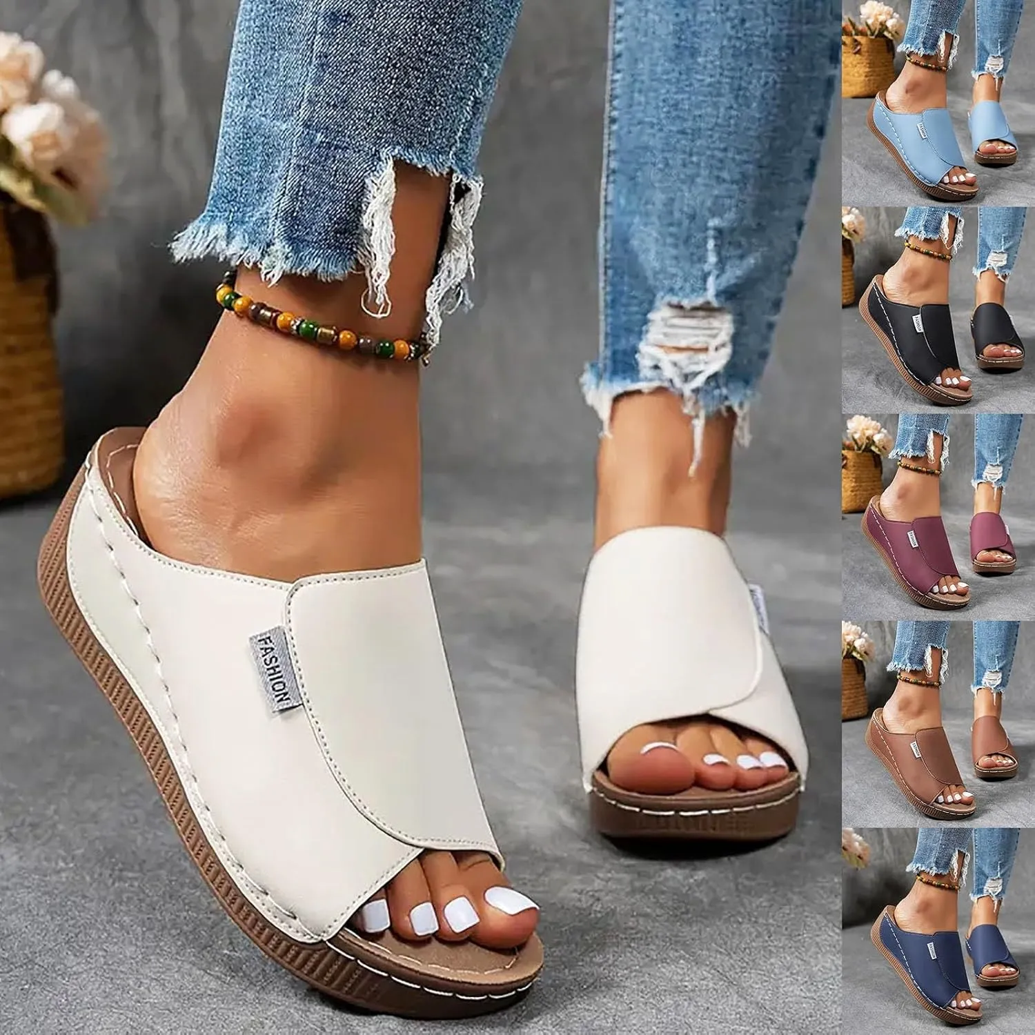 Orthopedic Sandals for Women Wide Width, Womens Slide Sandals with Arch Support Dressy Summer Comfortable Platform Wedges Slip On Walking Sandal Open Toe Casual Slippers