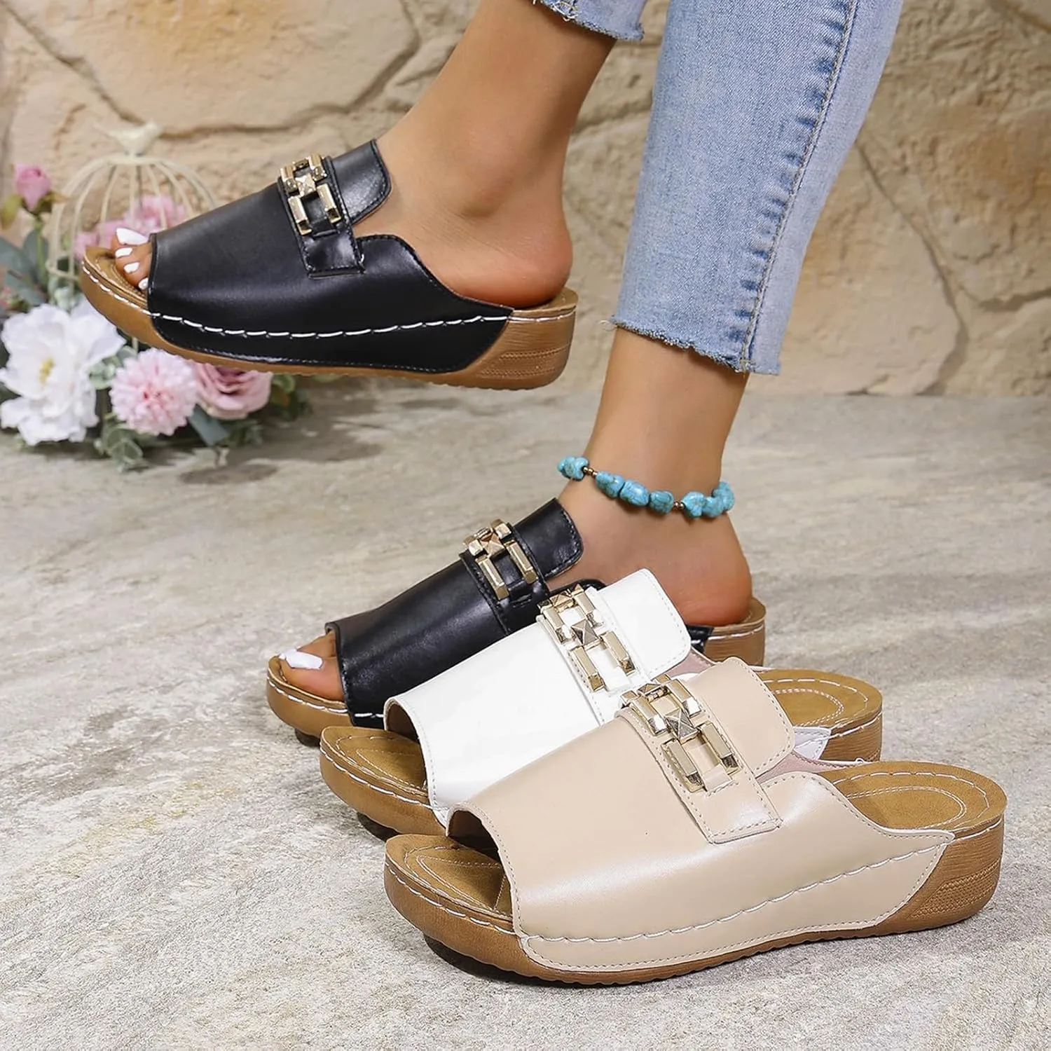 Orthopedic Wedge Sandals for Women 2025 Open Toe Wide Width Arch Support Dressy Summer Comfortable Beach Shoes Low Heel Platform Slides Slippers