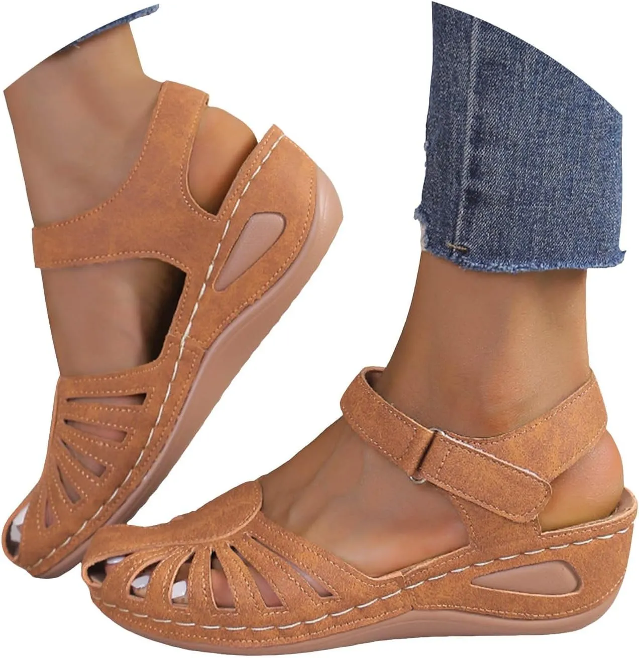 Orthopedic Wedge Sandals for Women Summer Dressy 2025 Women's Casual Boho Sandal Fisherman Leather Comfortable Softsole Closed Toe Ankle Strap Beach Shoes