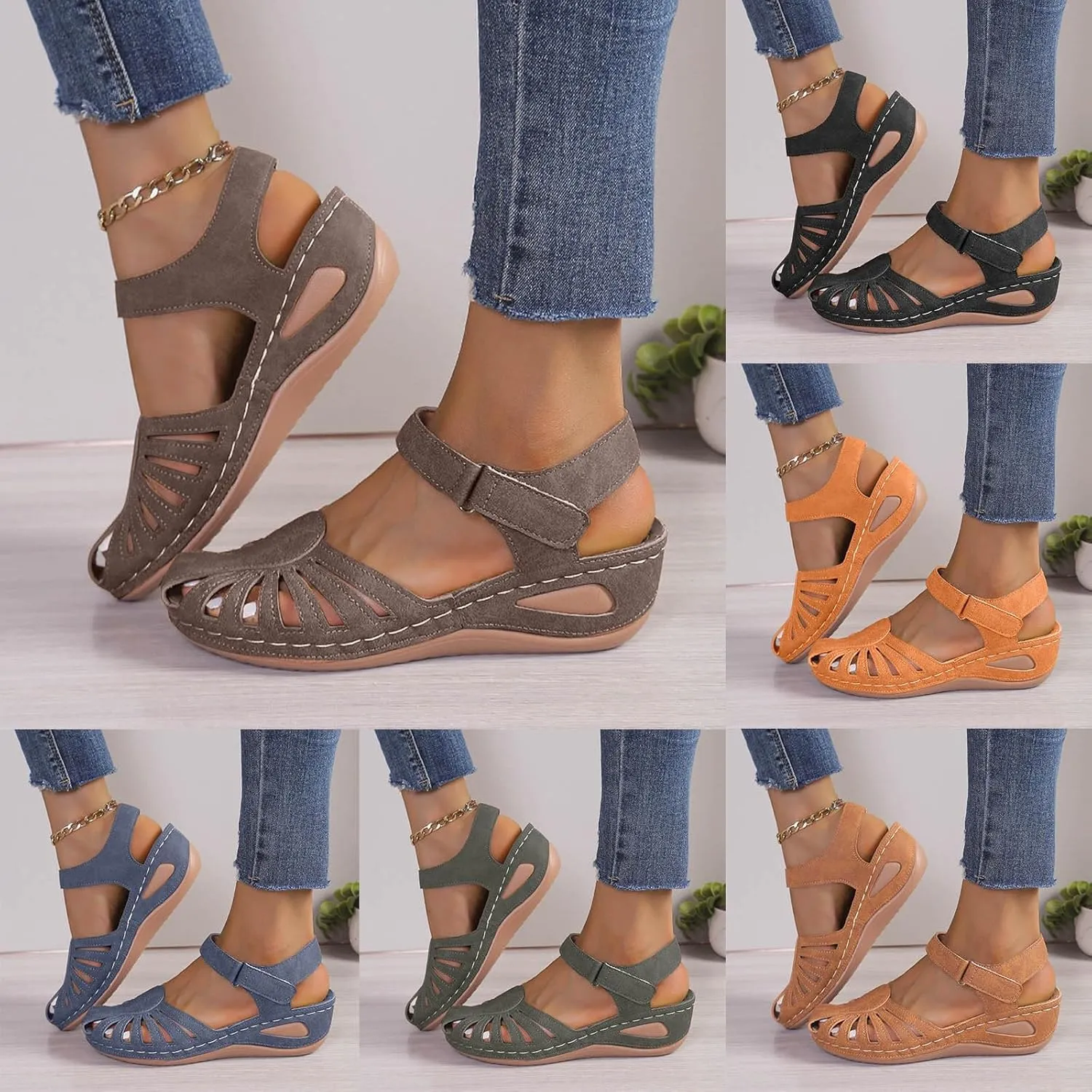 Orthopedic Wedge Sandals for Women Summer Dressy 2025 Women's Casual Boho Sandal Fisherman Leather Comfortable Softsole Closed Toe Ankle Strap Beach Shoes