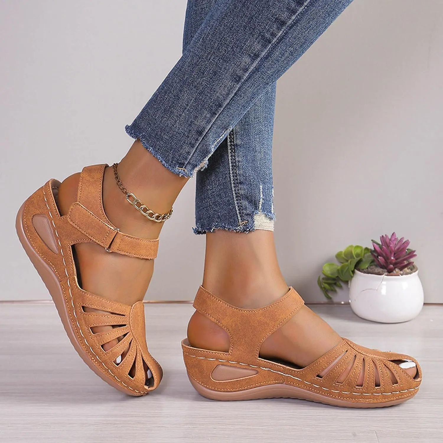 Orthopedic Wedge Sandals for Women Summer Dressy 2025 Women's Casual Boho Sandal Fisherman Leather Comfortable Softsole Closed Toe Ankle Strap Beach Shoes