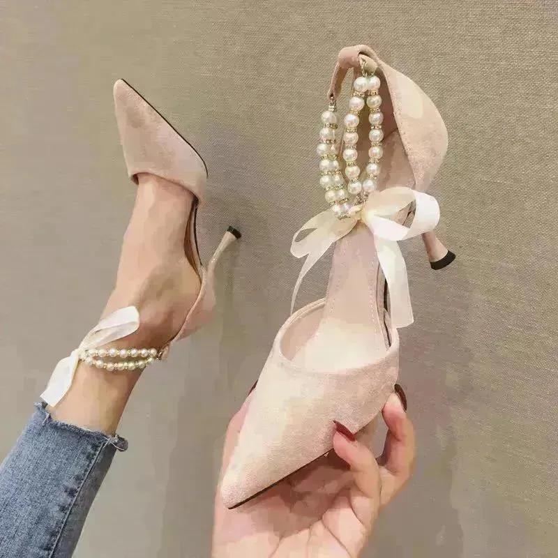 Pearl Ankle Strap High Heels Trendy Pointed Toe Stiletto Shoes