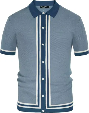 PJ PAUL JONES Men's Vintage Stripe Knit Polo Shirts Short Sleeve Stylish Button Down Cardigan Sweater