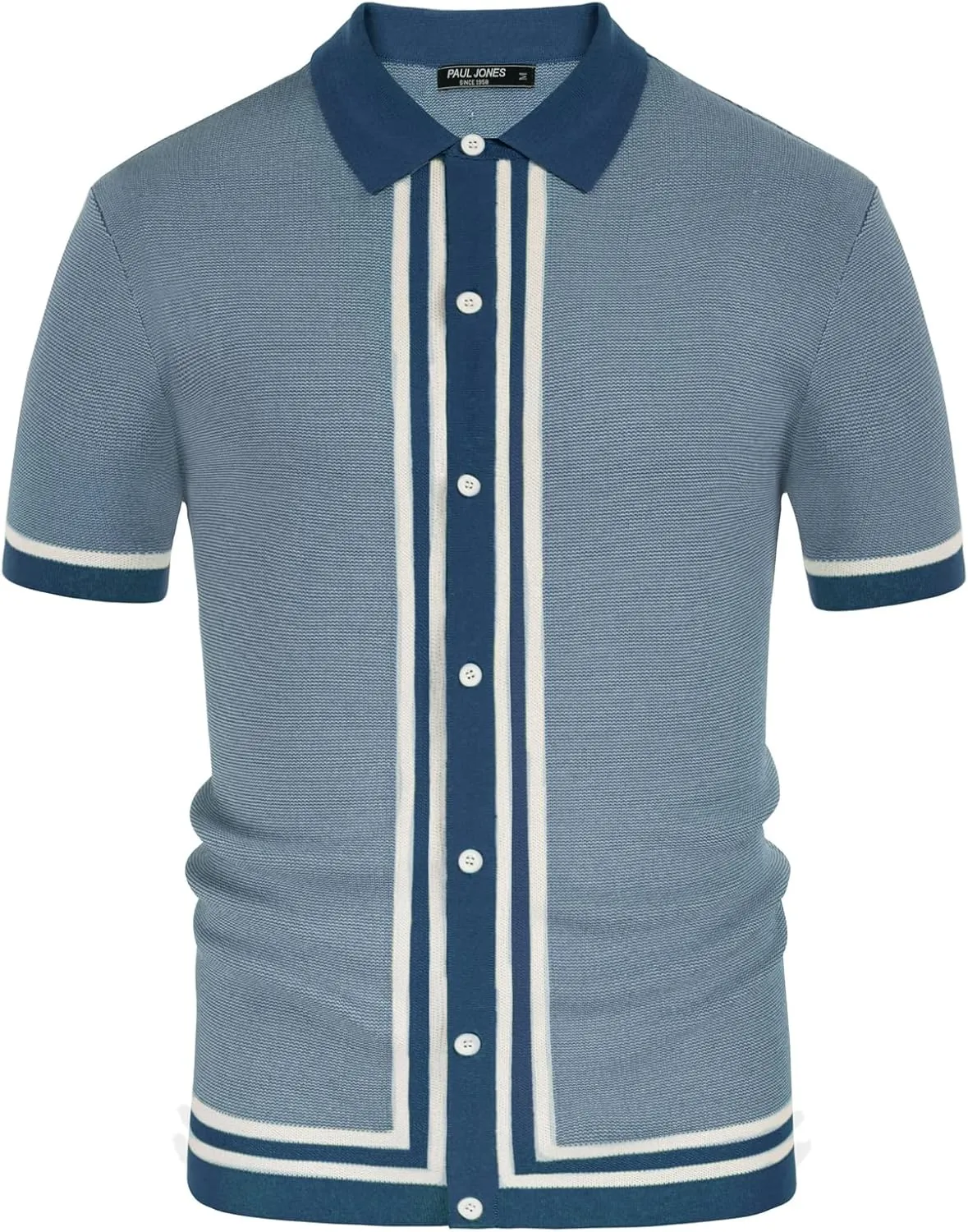PJ PAUL JONES Men's Vintage Stripe Knit Polo Shirts Short Sleeve Stylish Button Down Cardigan Sweater
