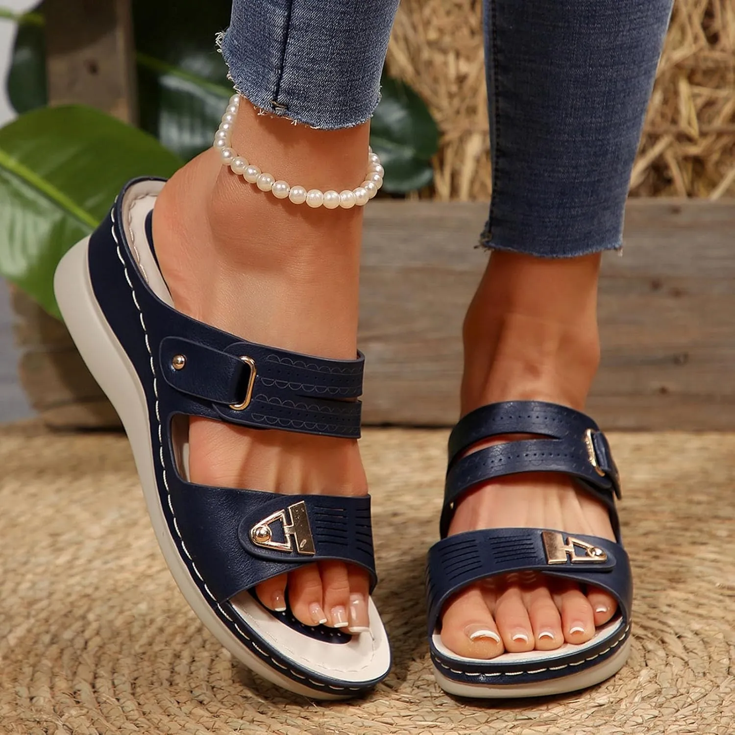 Sandals for Women 2025 Dressy Arch Support Orthopedic Sandal Metal Decoration Wide Width House Wedge Slippers Shoes