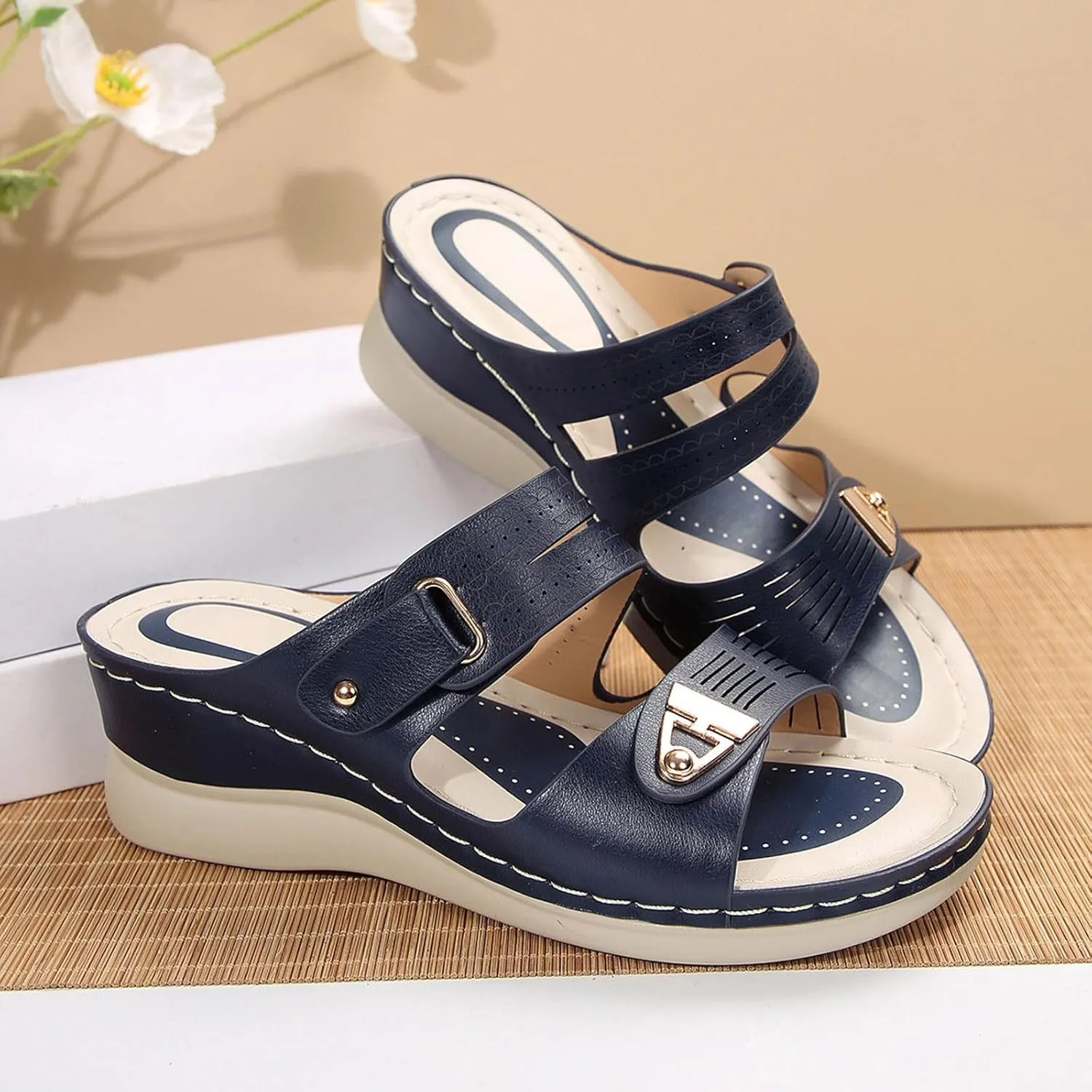 Sandals for Women 2025 Dressy Arch Support Orthopedic Sandal Metal Decoration Wide Width House Wedge Slippers Shoes