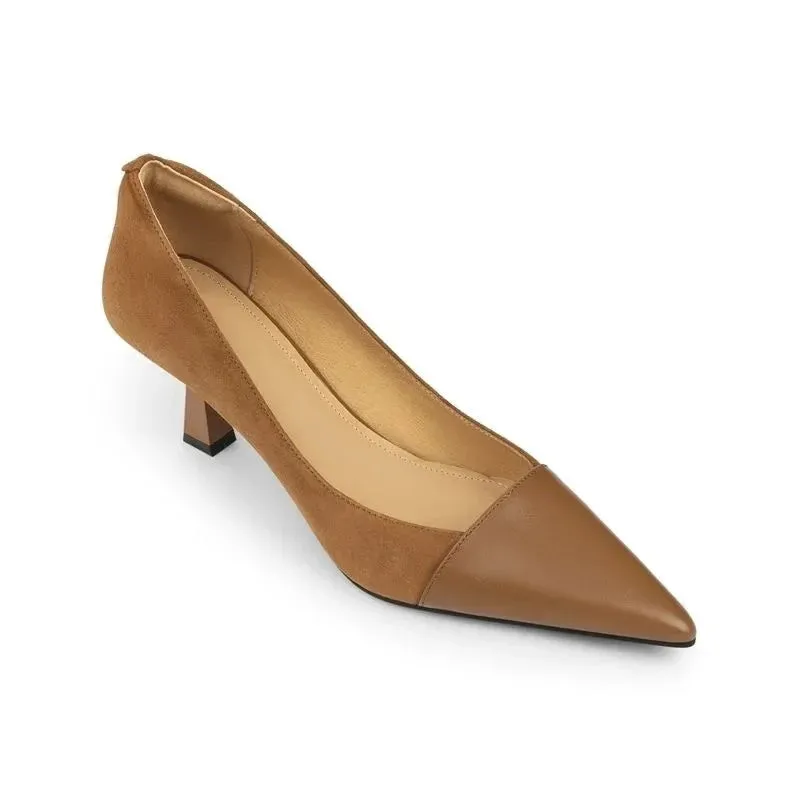 Sexy Pointed Elegant Summer Korean Fashion Apricot Black Color Block High Low Heel Pumps