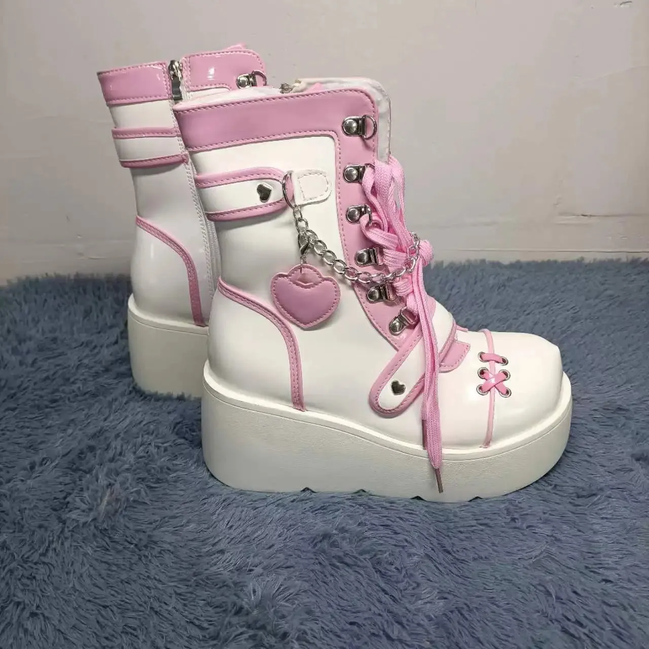 Sohiwoo Lolita Shoes Boots Woman Winter  Platform Heels Women's Mid Calf Booties Gothic Pink Kawaii Chain JK Cosplay Japanese Style