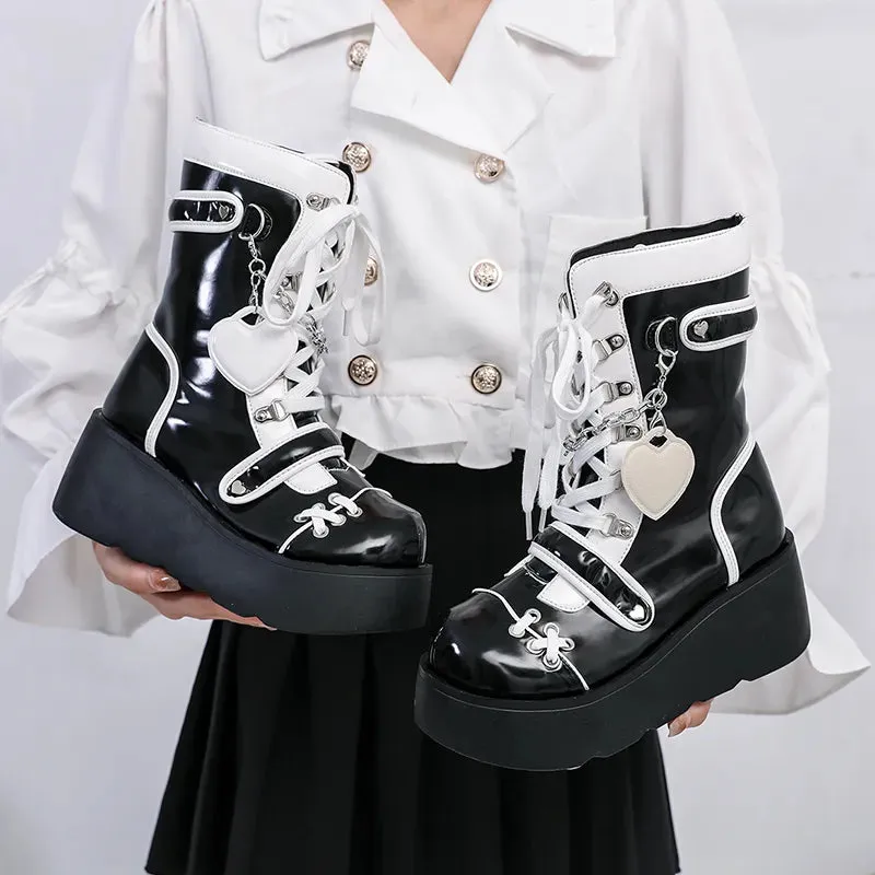 Sohiwoo Lolita Shoes Boots Woman Winter  Platform Heels Women's Mid Calf Booties Gothic Pink Kawaii Chain JK Cosplay Japanese Style