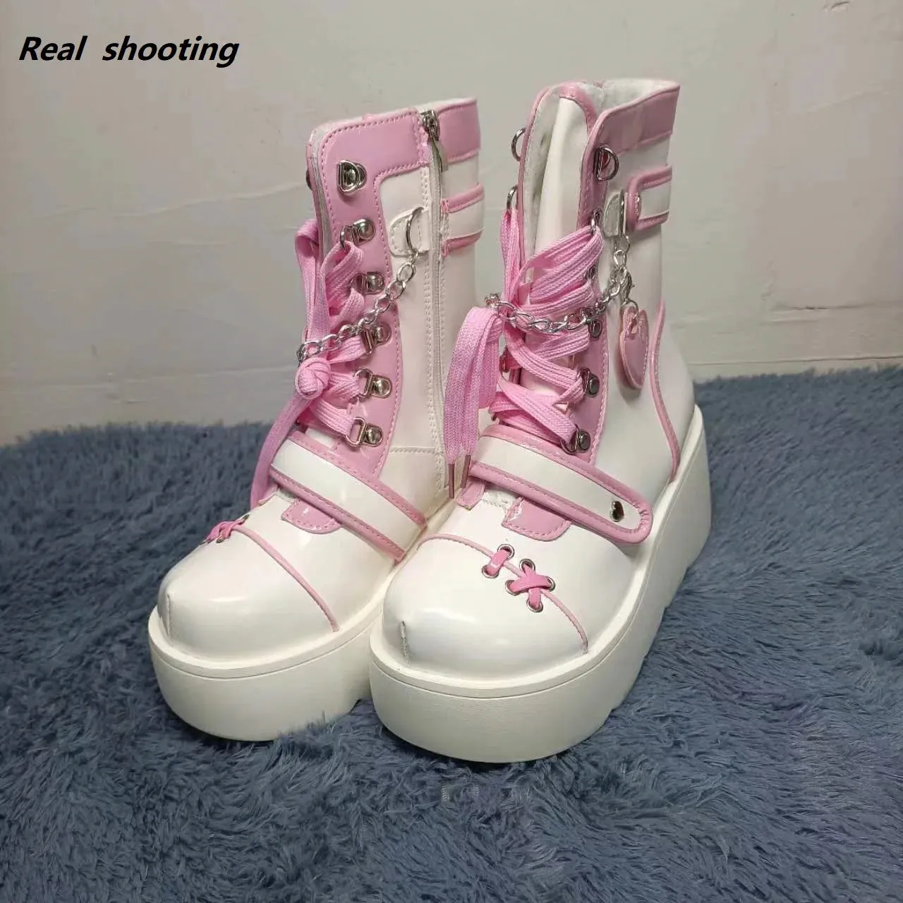 Sohiwoo Lolita Shoes Boots Woman Winter  Platform Heels Women's Mid Calf Booties Gothic Pink Kawaii Chain JK Cosplay Japanese Style