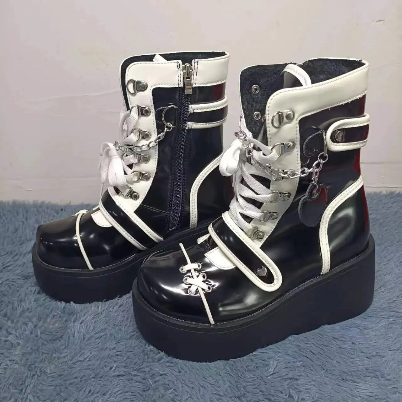 Sohiwoo Lolita Shoes Boots Woman Winter  Platform Heels Women's Mid Calf Booties Gothic Pink Kawaii Chain JK Cosplay Japanese Style