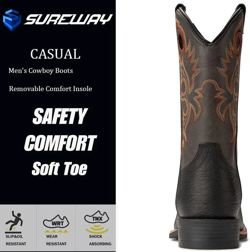 SUREWAY Western Boots For Men - Mens Square Toe Cowboy Boot,Oil/Slip Resistant,Durable Fashionable Classic Pull on 10 Inch Boots,Mid Calf Soft toe Wellington Boots