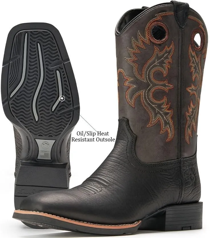 SUREWAY Western Boots For Men - Mens Square Toe Cowboy Boot,Oil/Slip Resistant,Durable Fashionable Classic Pull on 10 Inch Boots,Mid Calf Soft toe Wellington Boots