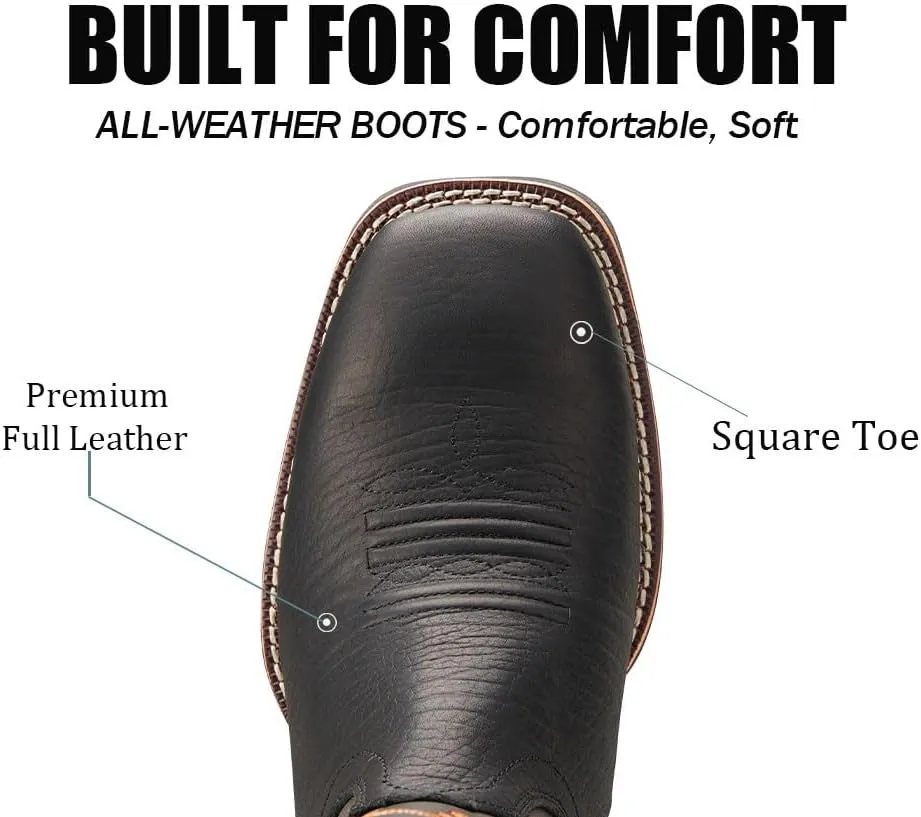SUREWAY Western Boots For Men - Mens Square Toe Cowboy Boot,Oil/Slip Resistant,Durable Fashionable Classic Pull on 10 Inch Boots,Mid Calf Soft toe Wellington Boots
